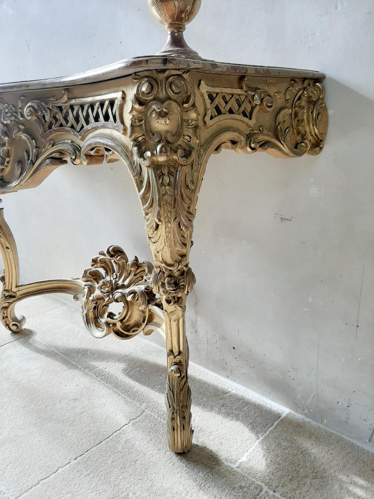 19th Century French Louis XV Style Carved Giltwood Console Table with Marble Top 16