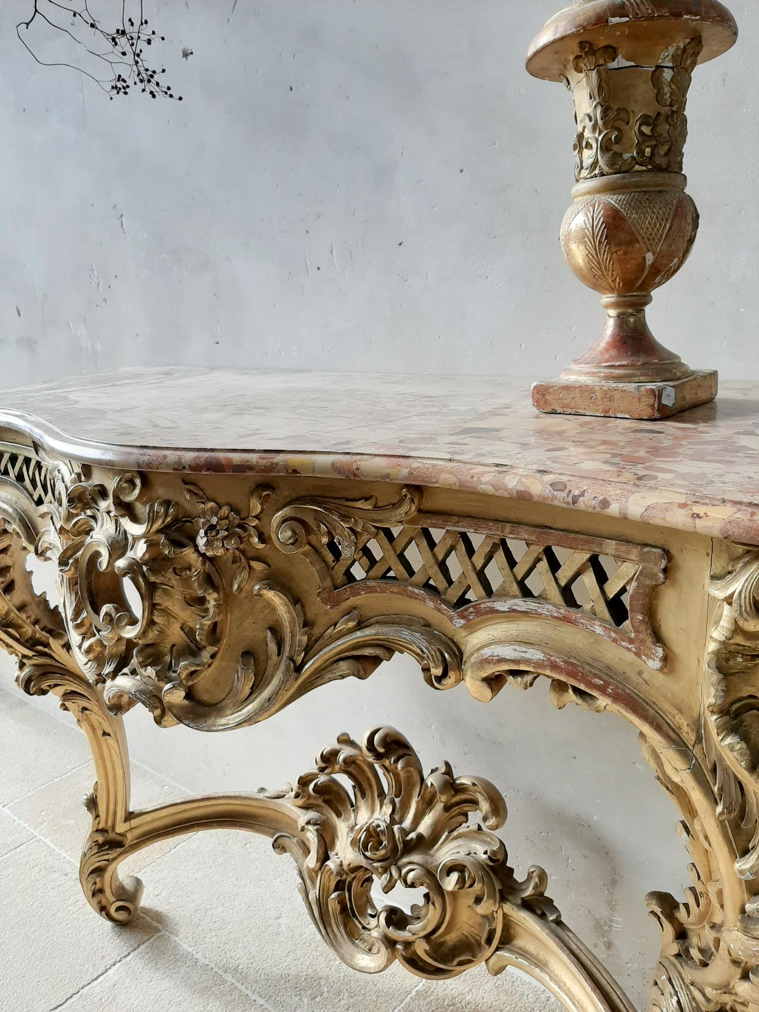 19th Century French Louis XV Style Carved Giltwood Console Table with Marble Top 1
