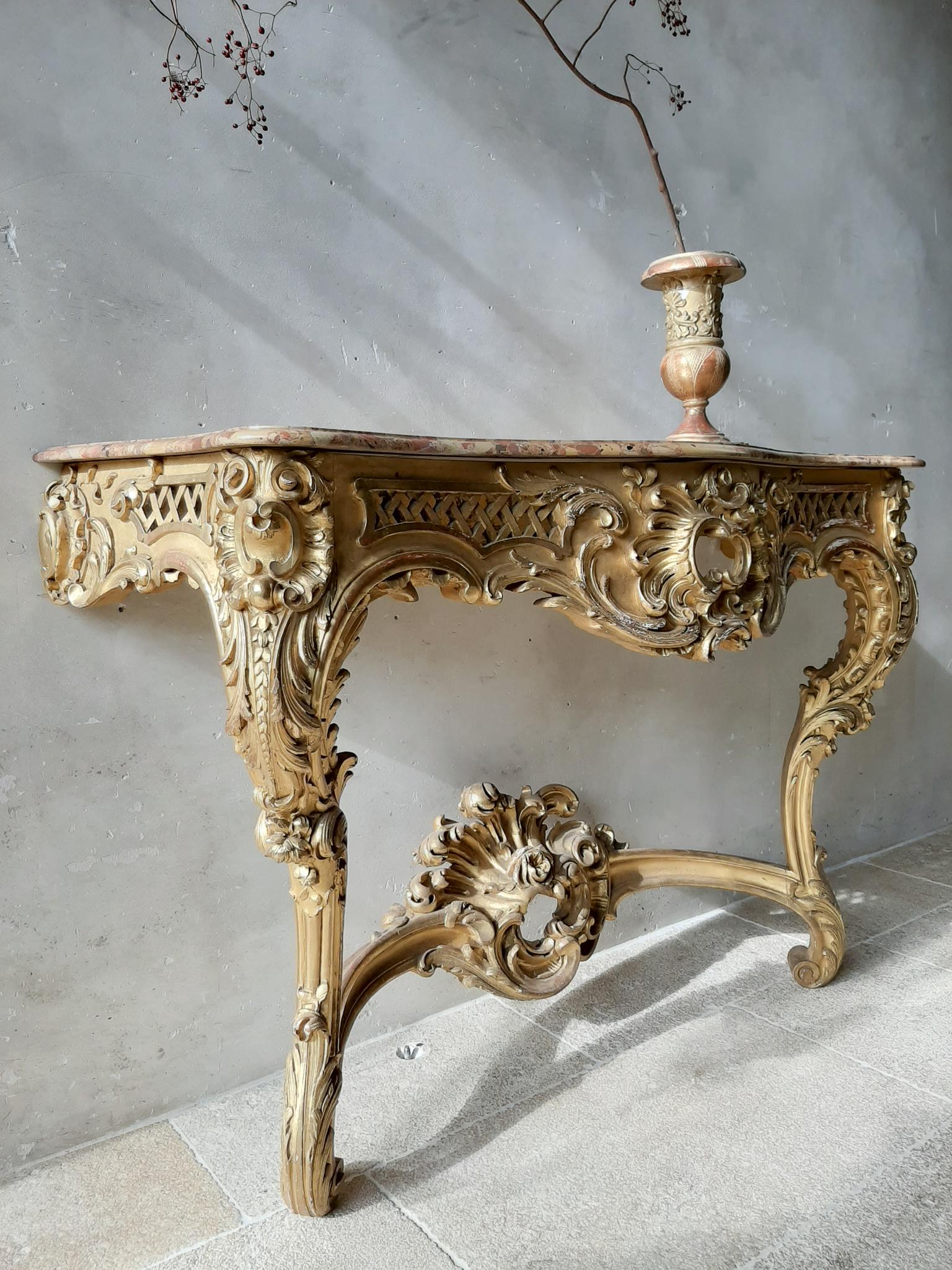 19th Century French Louis XV Style Carved Giltwood Console Table with Marble Top 2