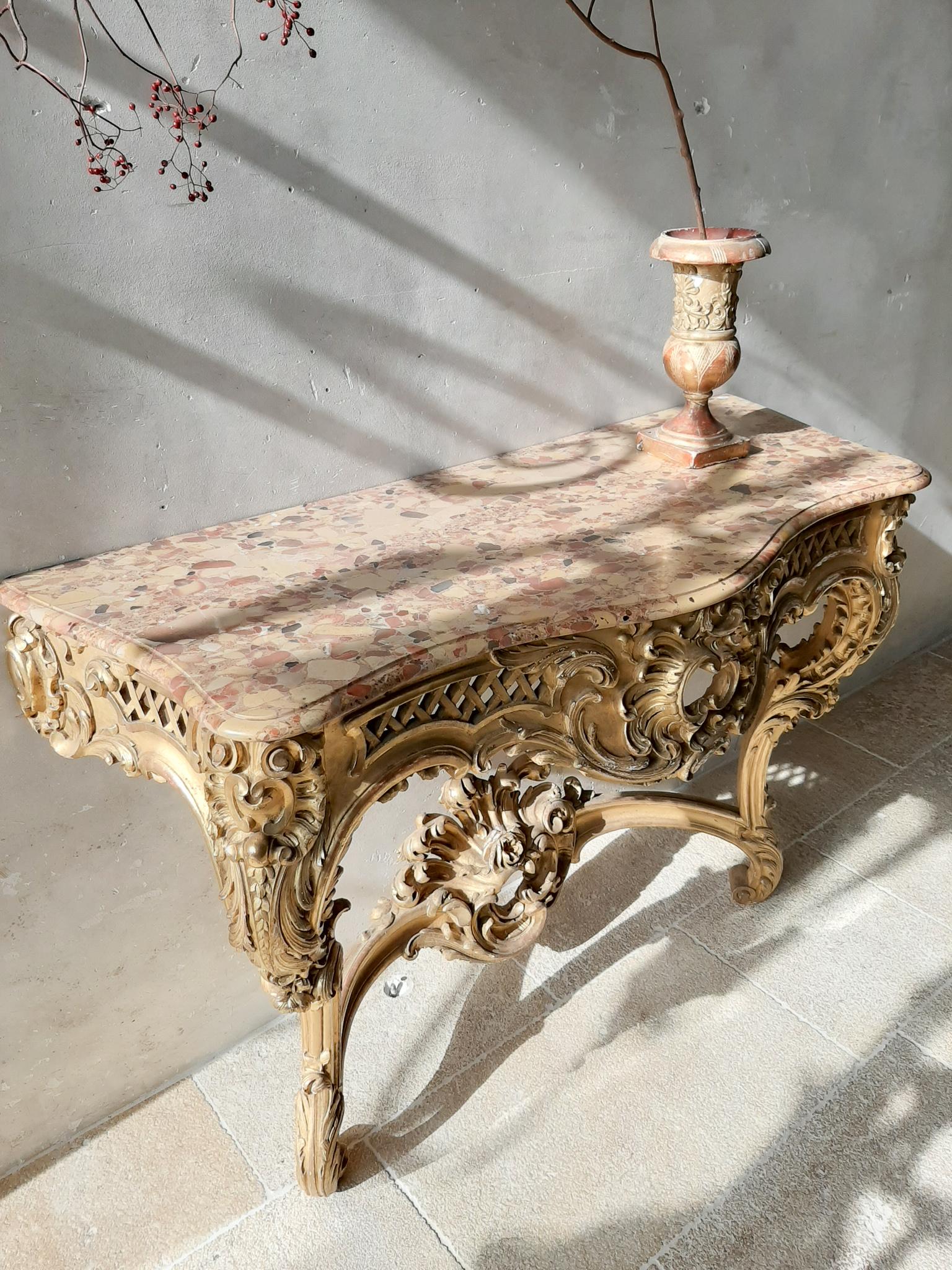 19th Century French Louis XV Style Carved Giltwood Console Table with Marble Top 3