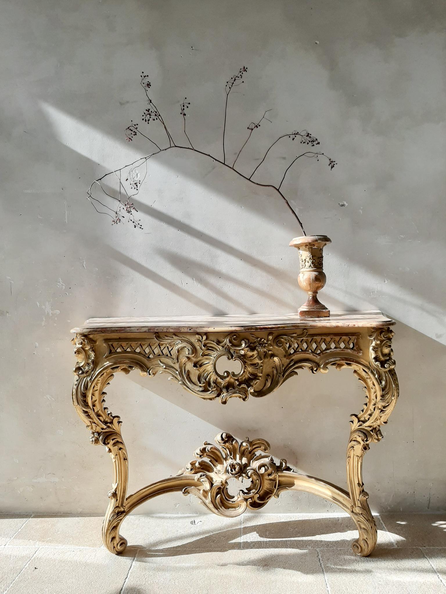 19th Century French Louis XV Style Carved Giltwood Console Table with Marble Top 4