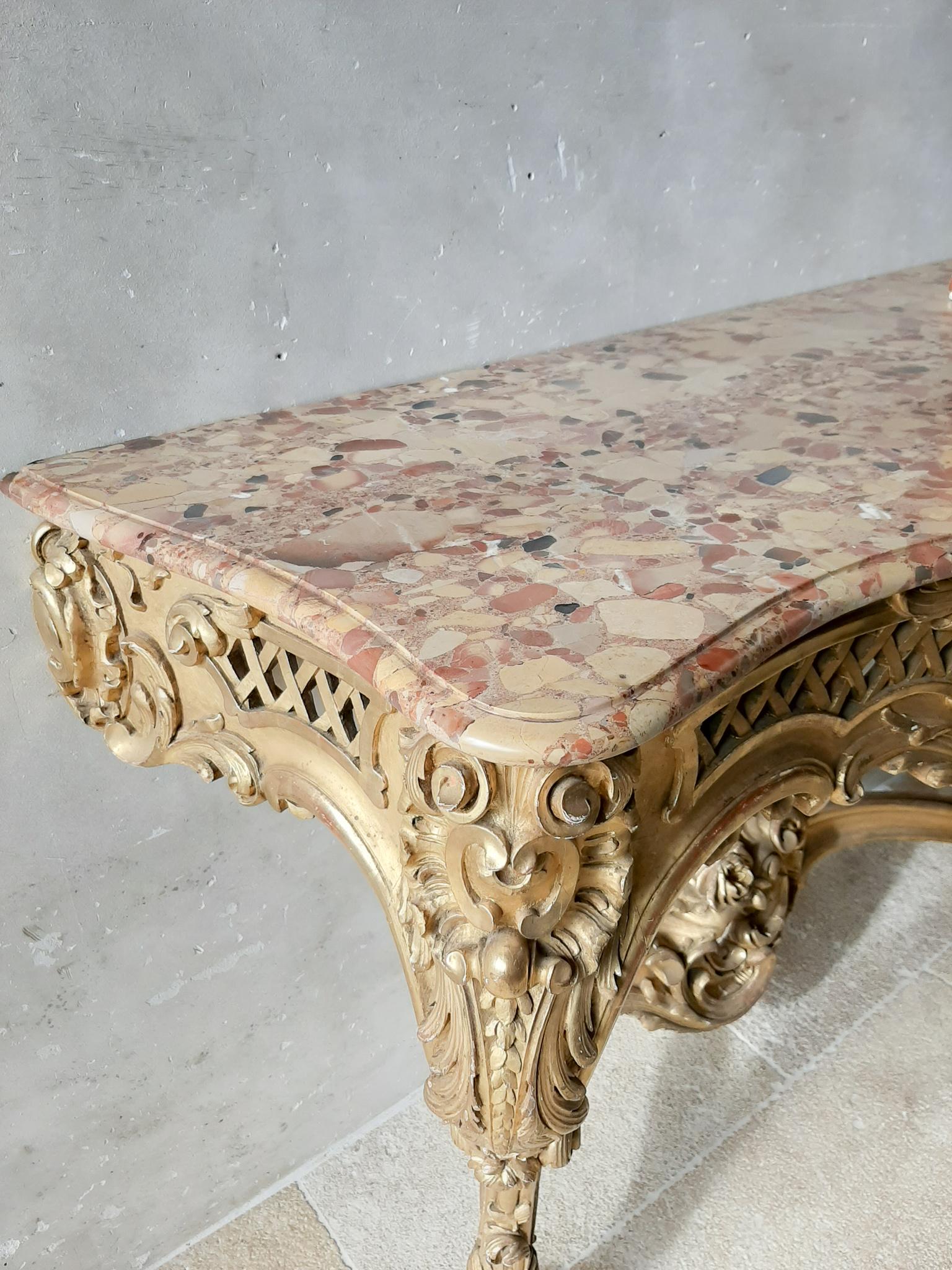 19th Century French Louis XV Style Carved Giltwood Console Table with Marble Top 5