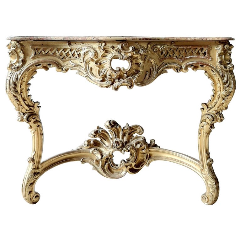 19th Century French Louis XV Style Carved Giltwood Console Table with ...