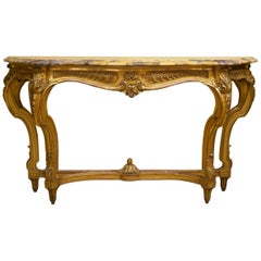19th Century French Louis XV Style Carved Giltwood Marble-Top Console Table