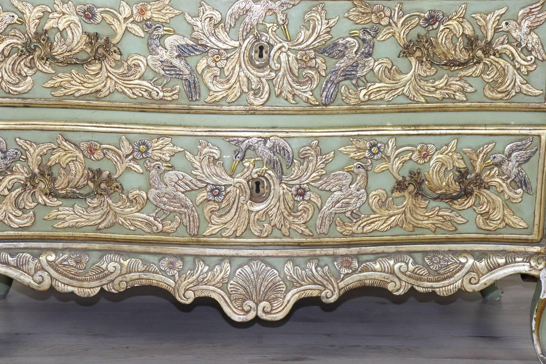 Italian 19th Century French Louis XV Style Carved Lacquered and Gilded Chest of Drawers
