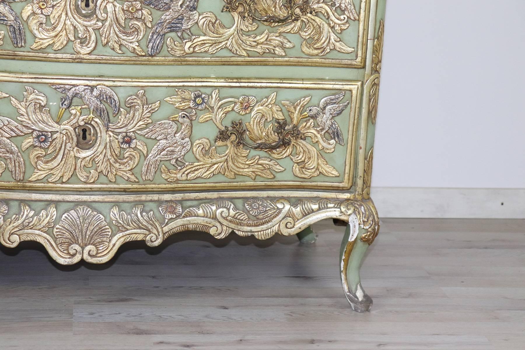 Gilt 19th Century French Louis XV Style Carved Lacquered and Gilded Chest of Drawers