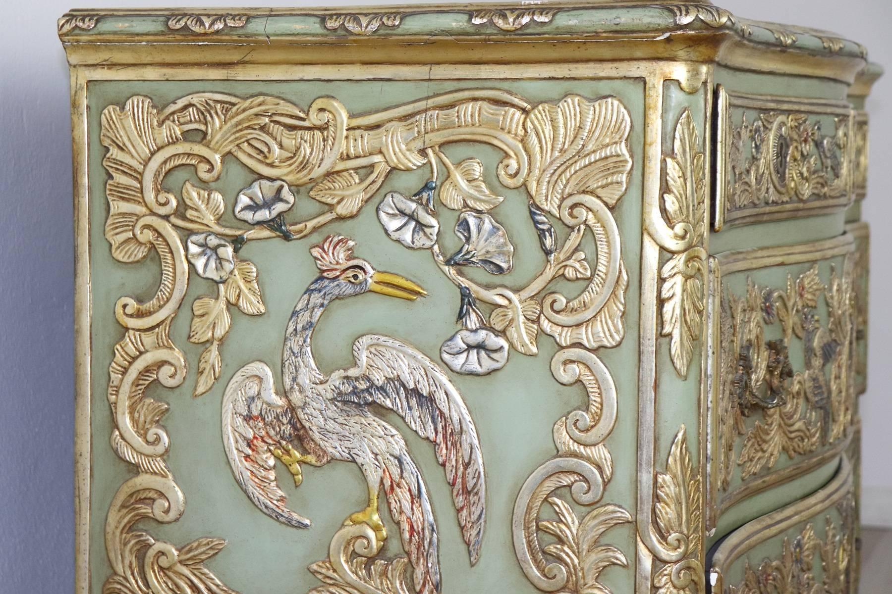Mid-19th Century 19th Century French Louis XV Style Carved Lacquered and Gilded Chest of Drawers