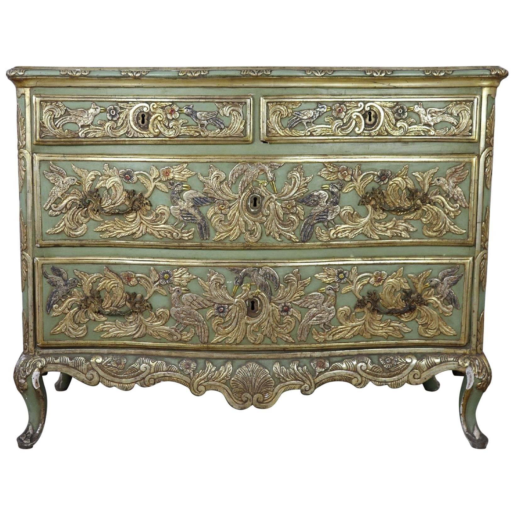 19th Century French Louis XV Style Carved Lacquered and Gilded Chest of Drawers