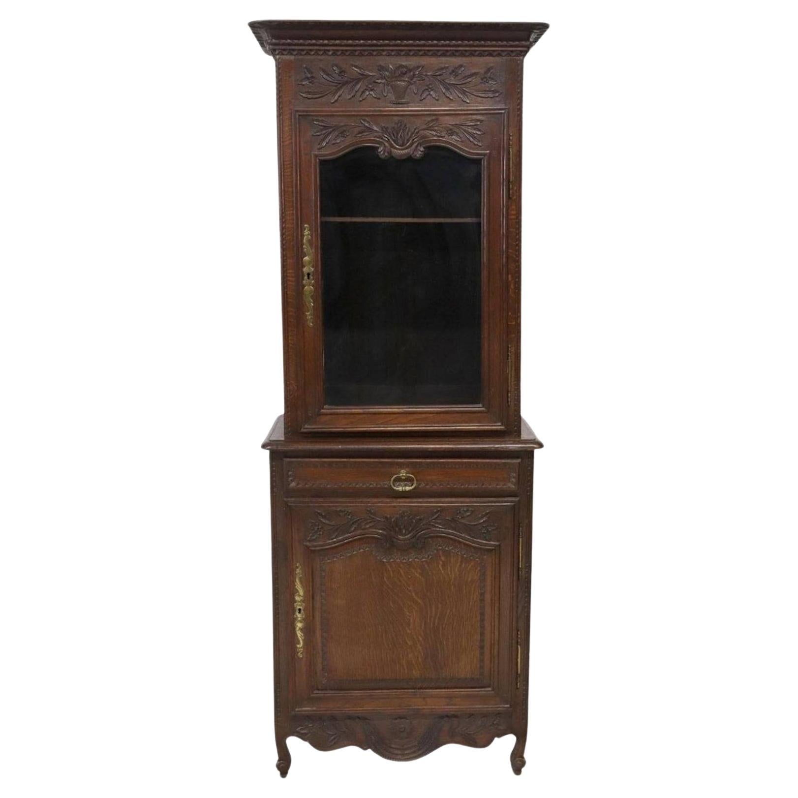 19th Century French Louis XV Style Carved Oak Vitrine Cabinet