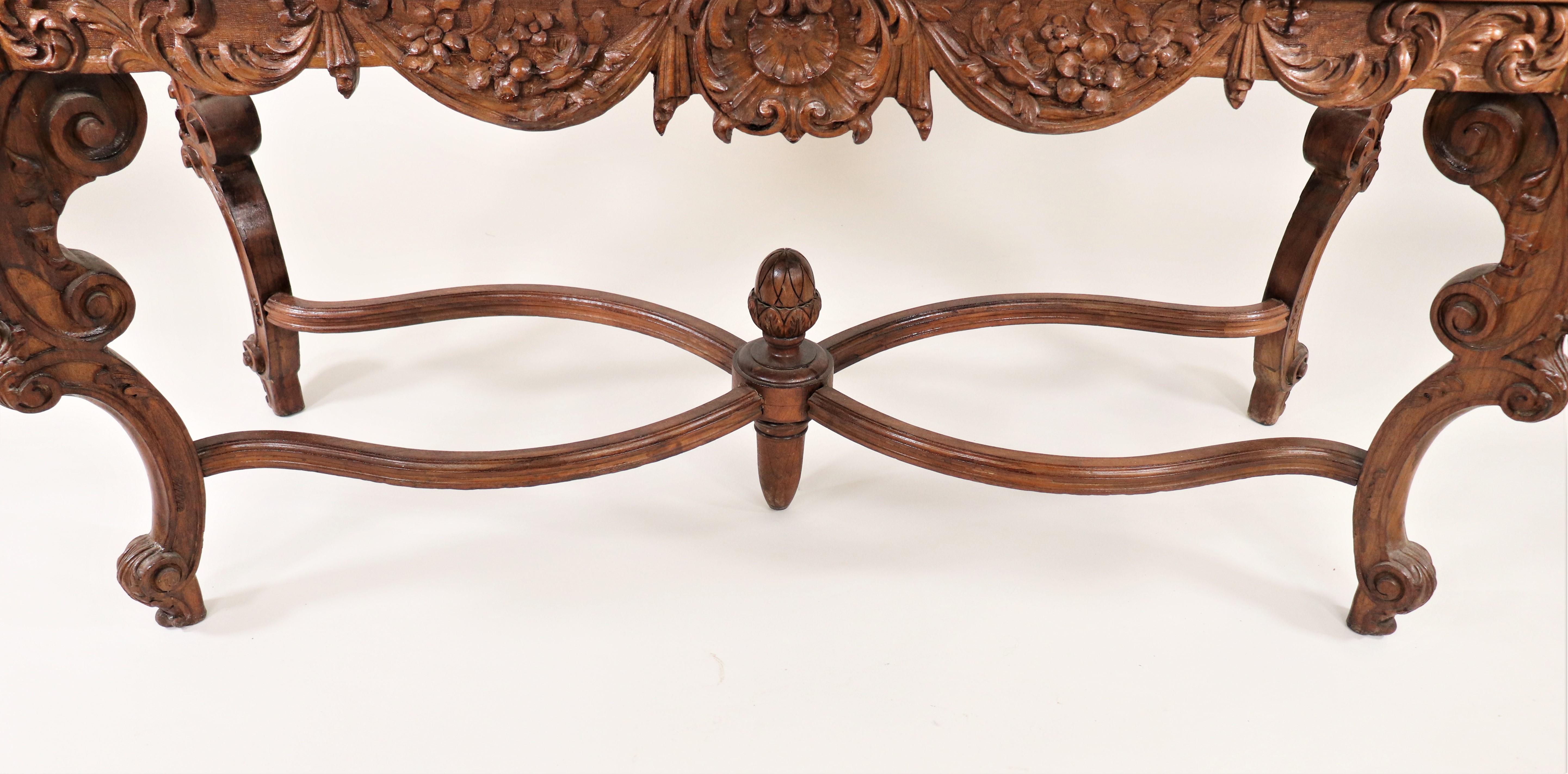 19th Century French Louis XV Style Carved Walnut and Marble Console Table For Sale 6