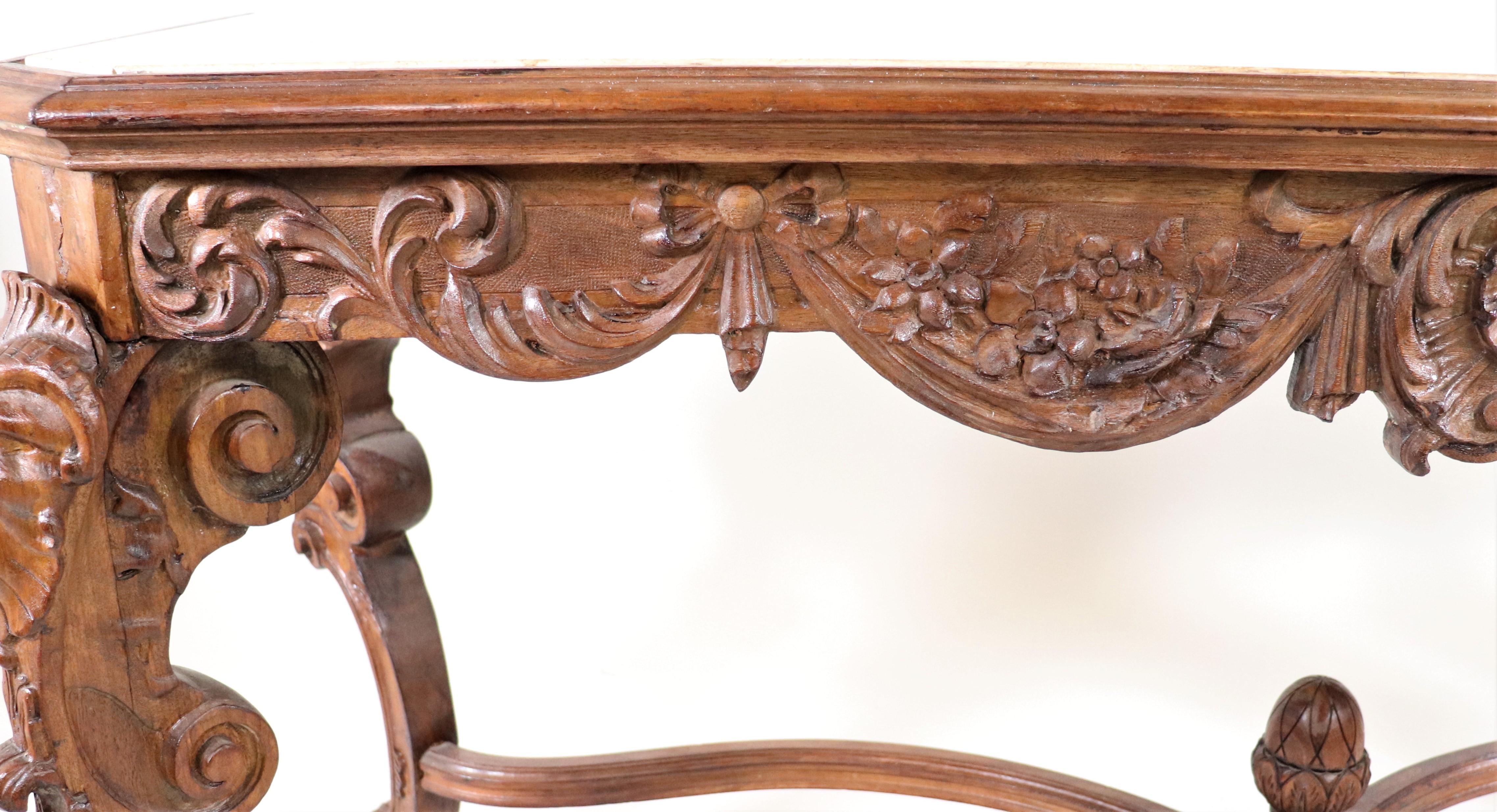 19th Century French Louis XV Style Carved Walnut and Marble Console Table For Sale 11