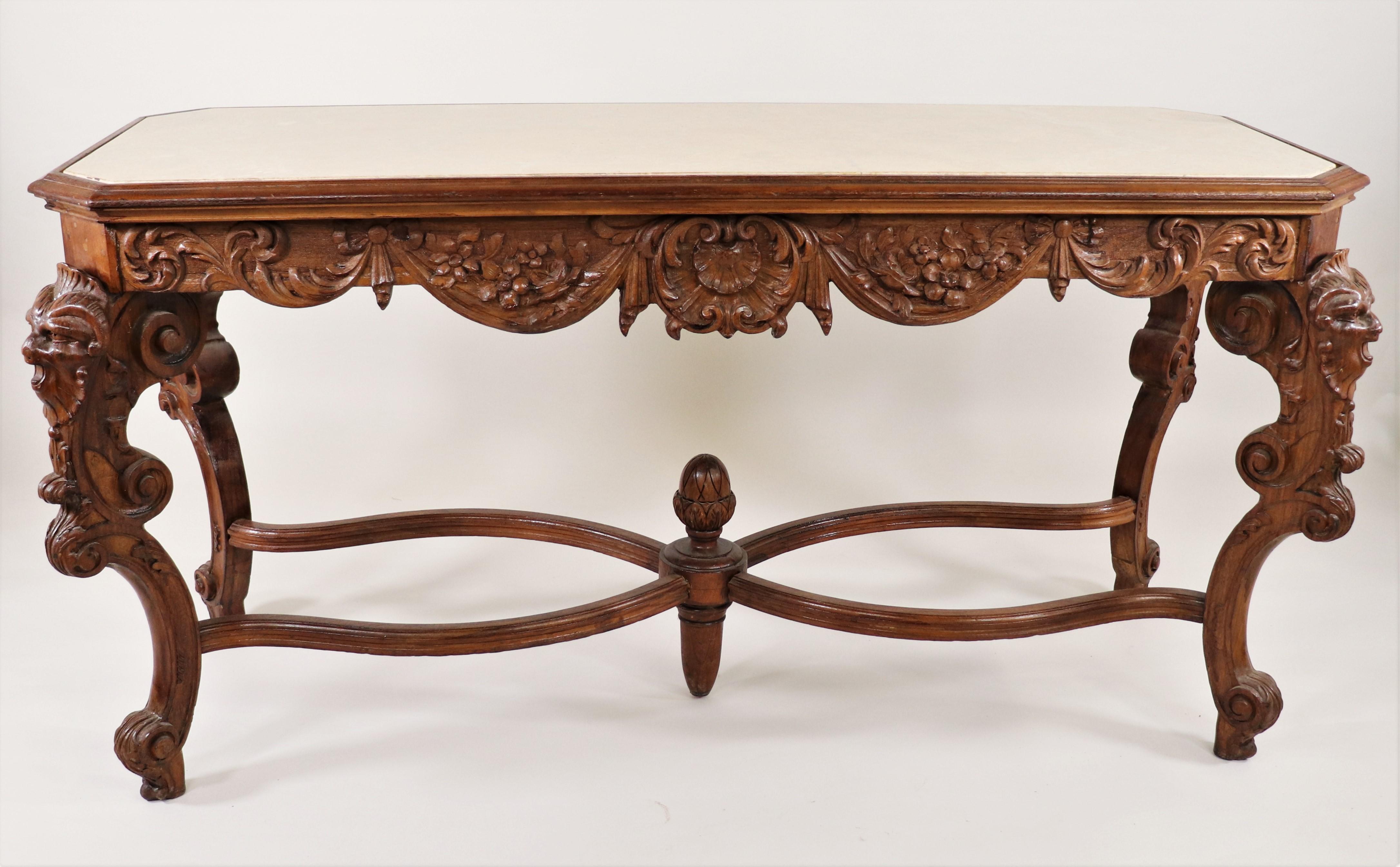 19th Century French Louis XV Style Carved Walnut and Marble Console Table For Sale 16
