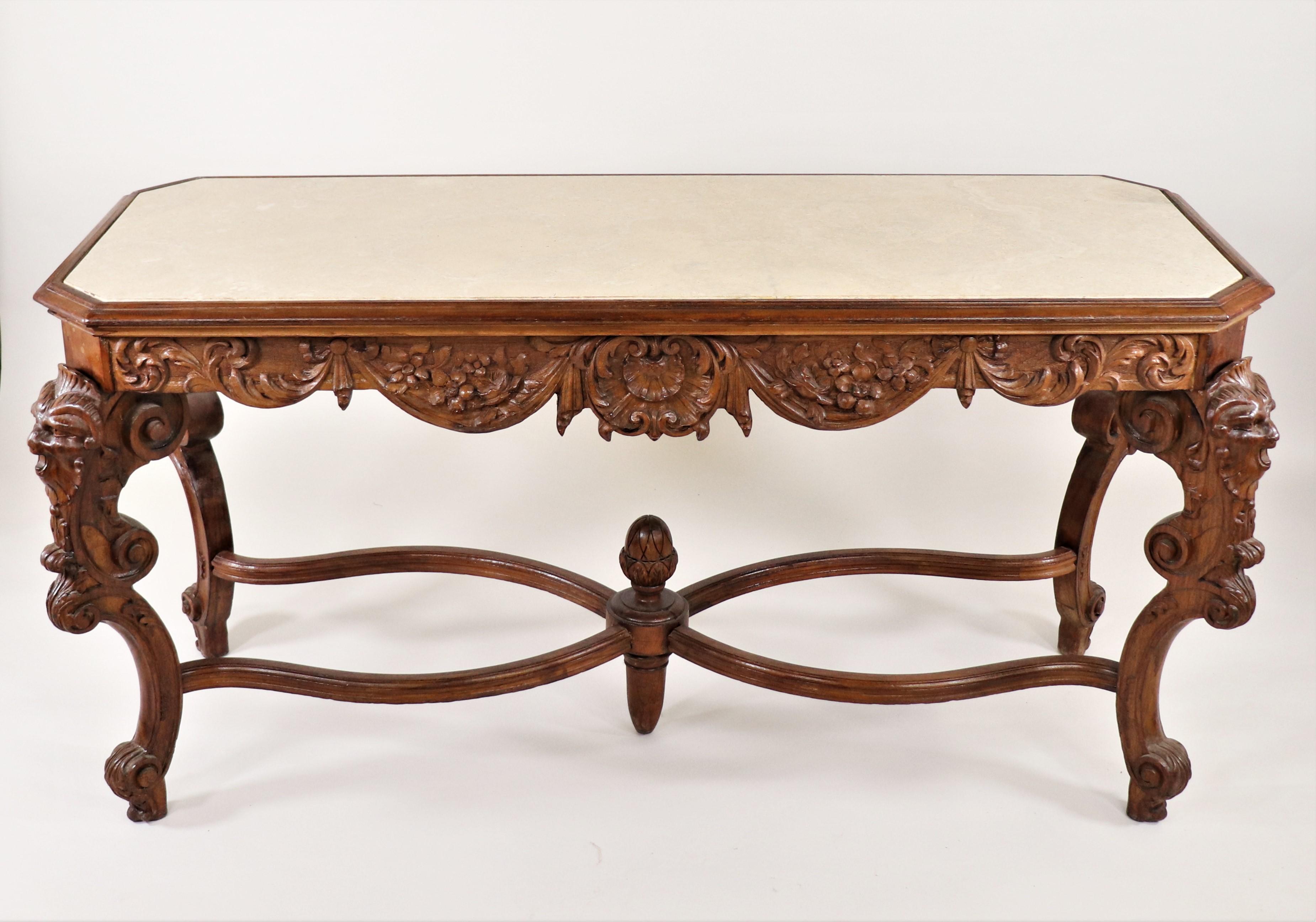 19th Century French Louis XV Style Carved Walnut and Marble Console Table In Good Condition For Sale In Chicago, IL