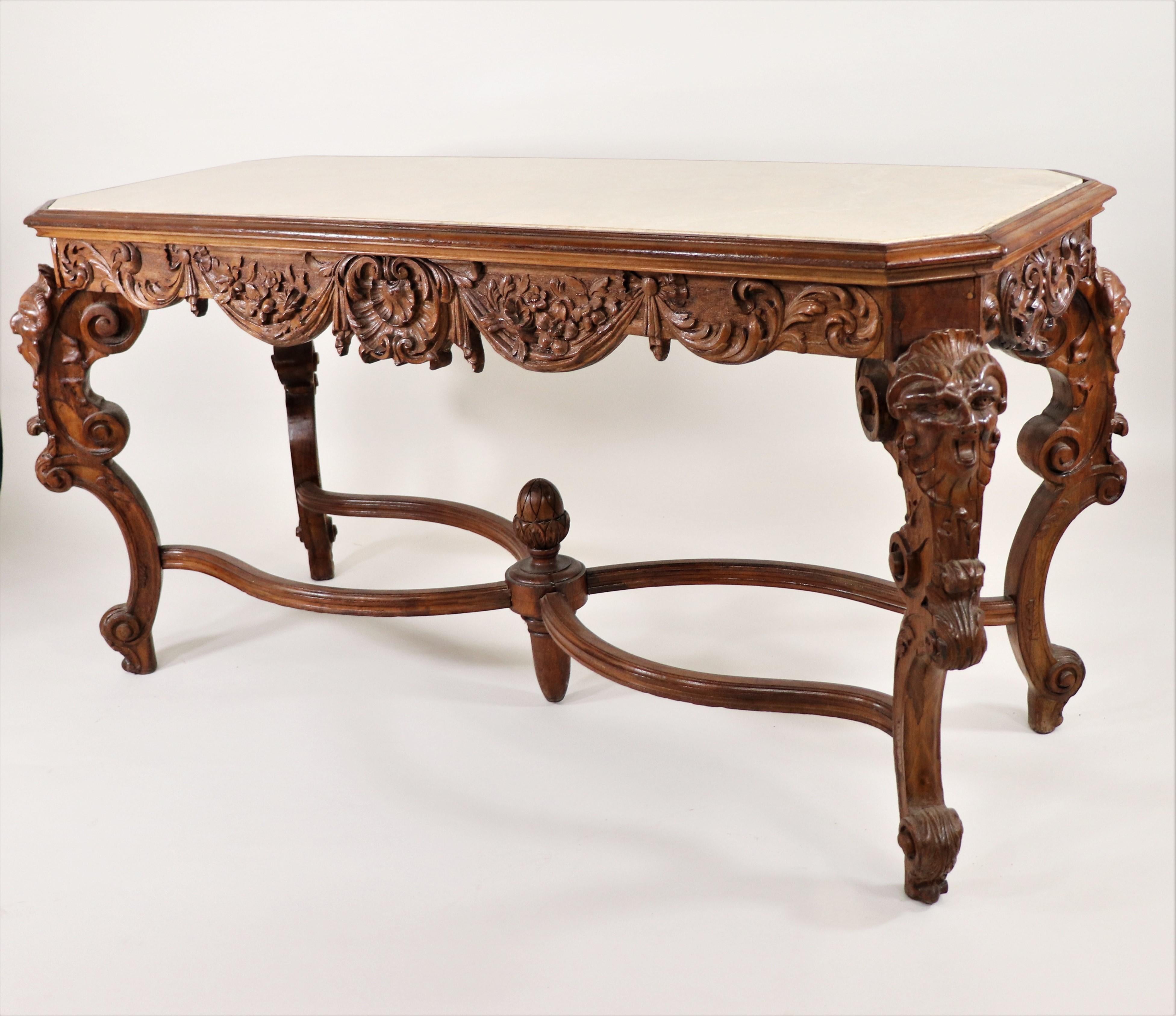 19th Century French Louis XV Style Carved Walnut and Marble Console Table For Sale 1