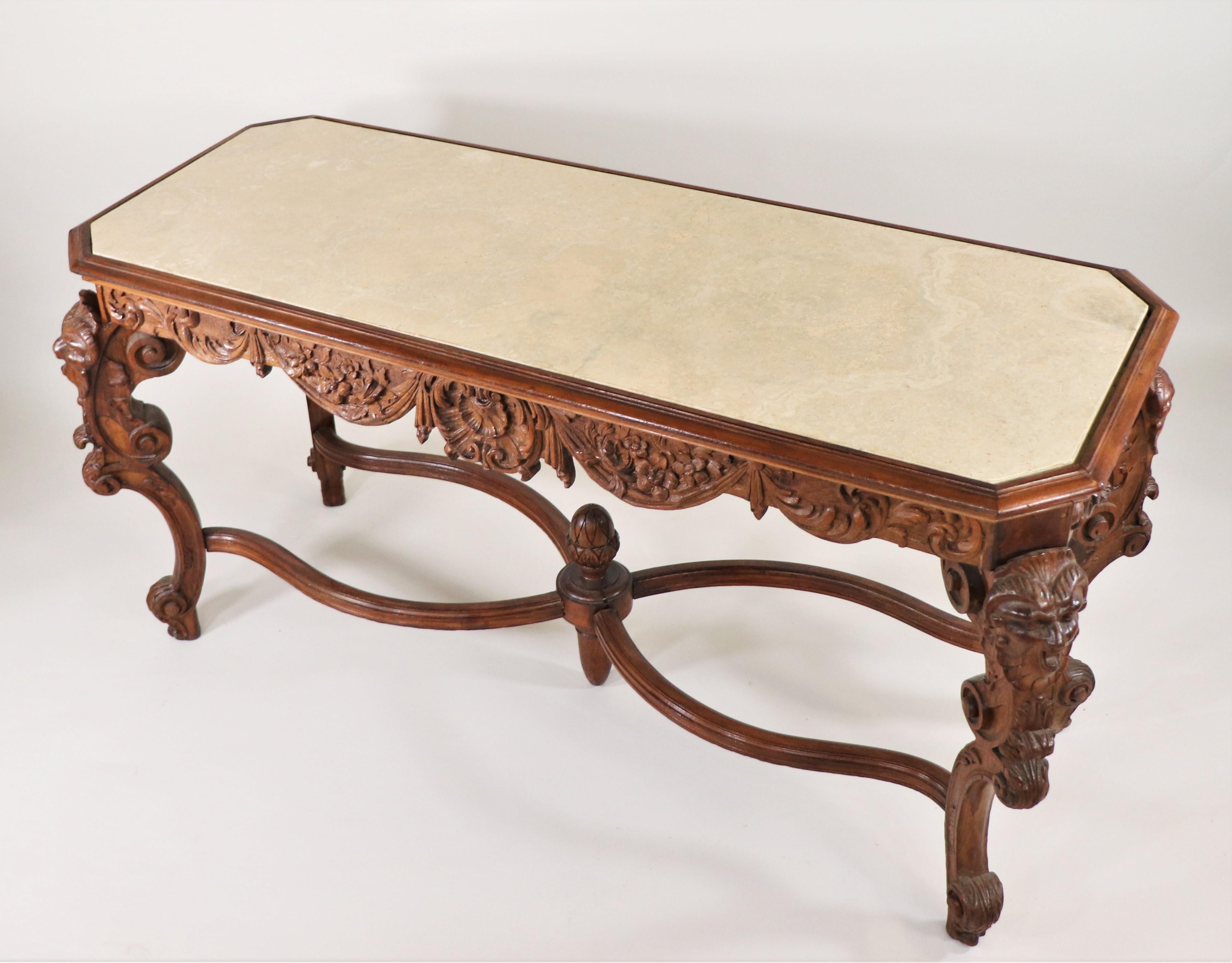 19th Century French Louis XV Style Carved Walnut and Marble Console Table For Sale 2