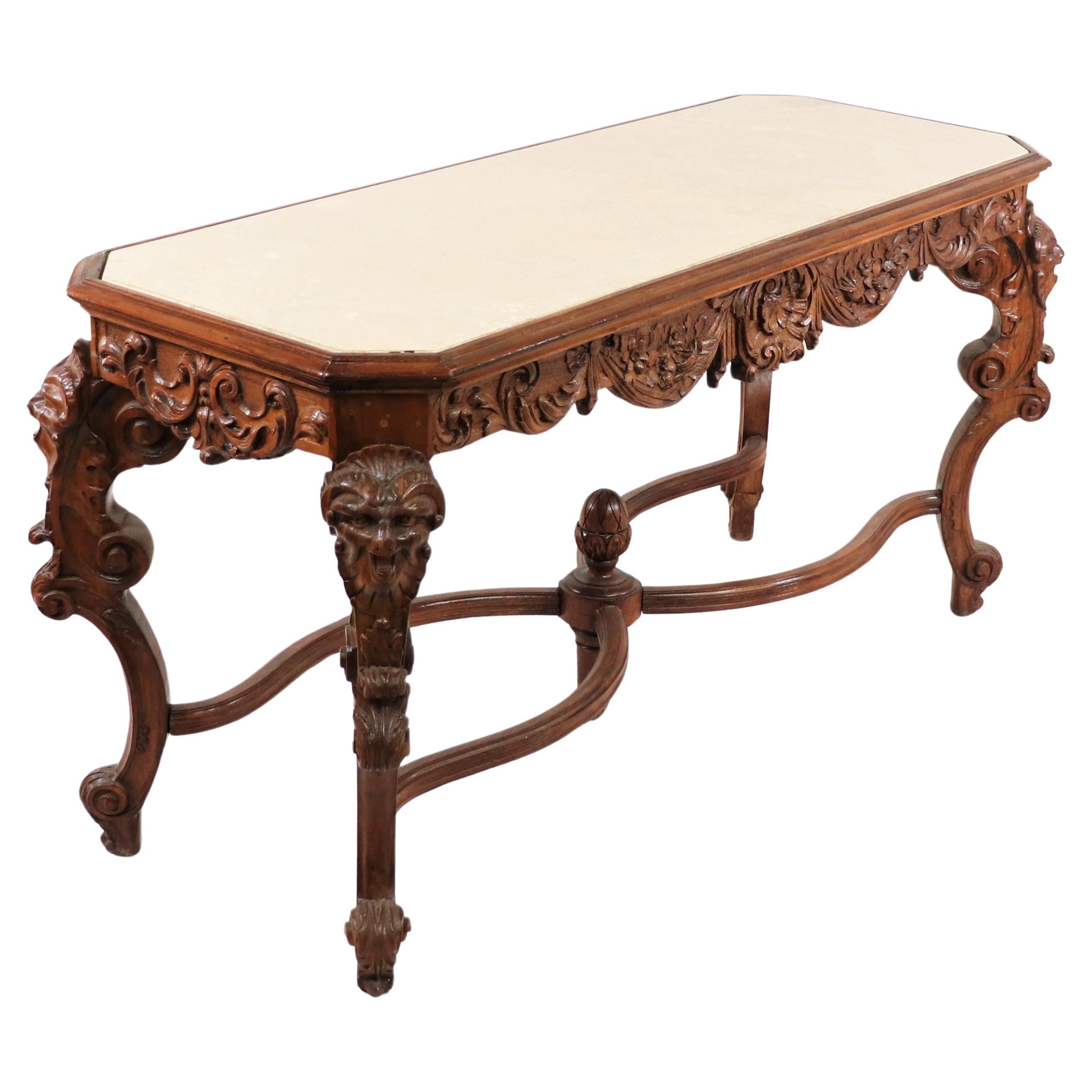 19th Century French Louis XV Style Carved Walnut and Marble Console Table For Sale