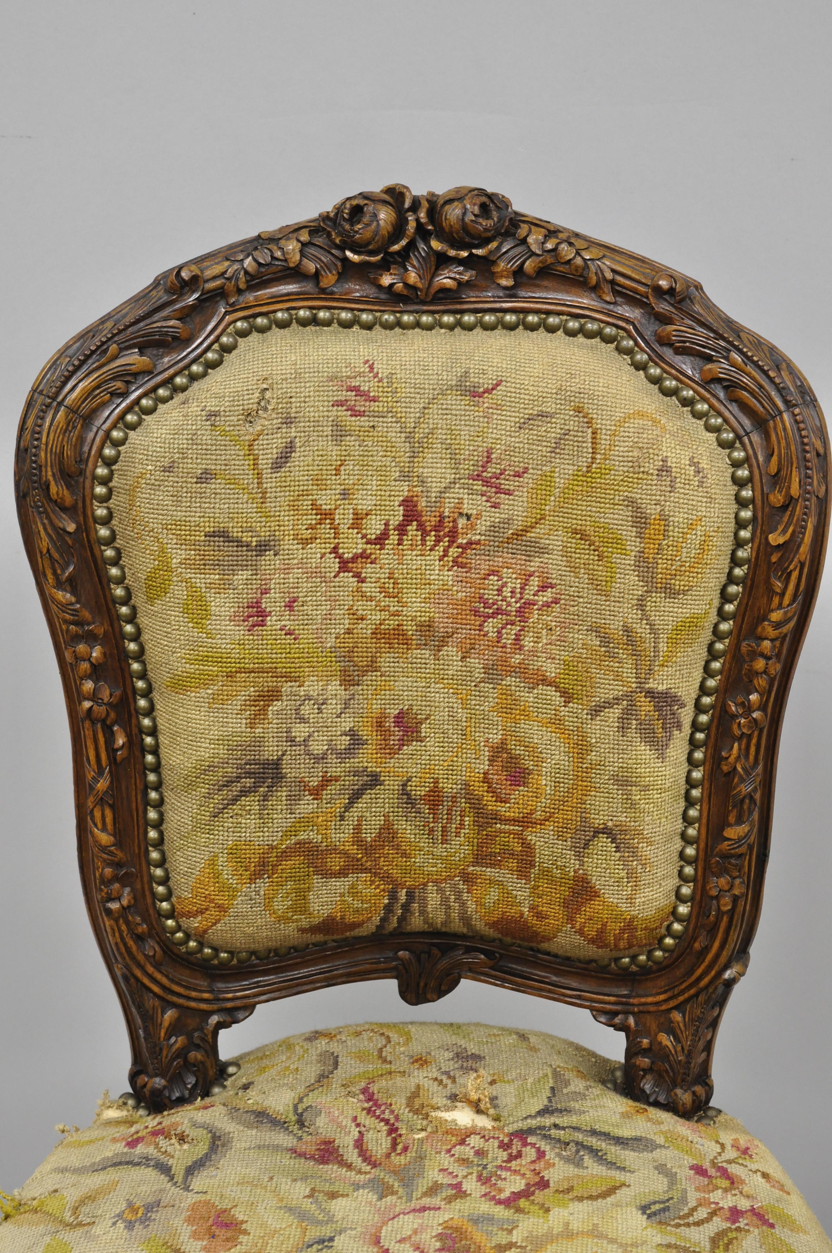 19th Century French Louis XV Style Carved Walnut Needlepoint Side Chair In Good Condition In Philadelphia, PA