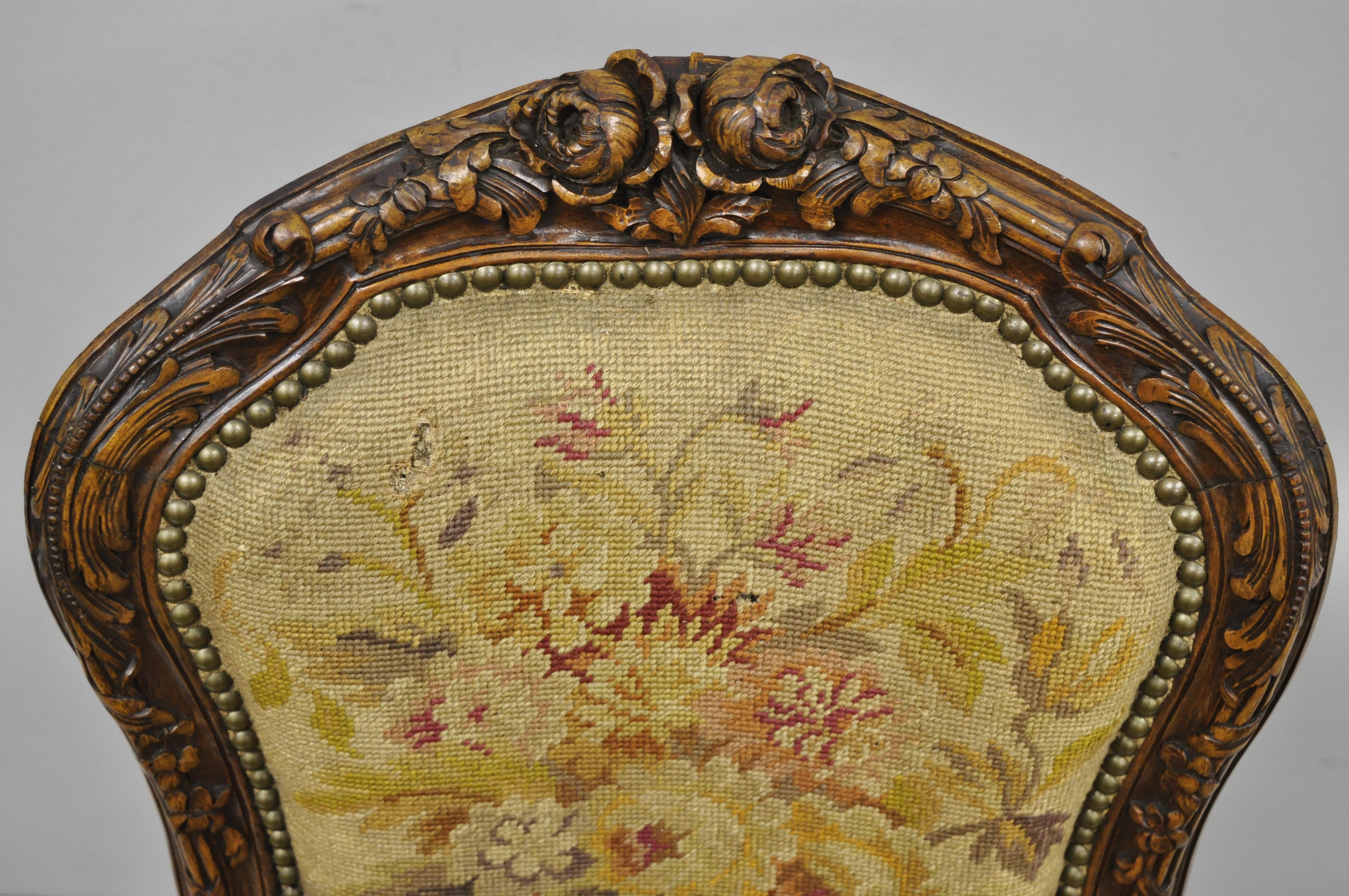 19th Century French Louis XV Style Carved Walnut Needlepoint Side Chair 1