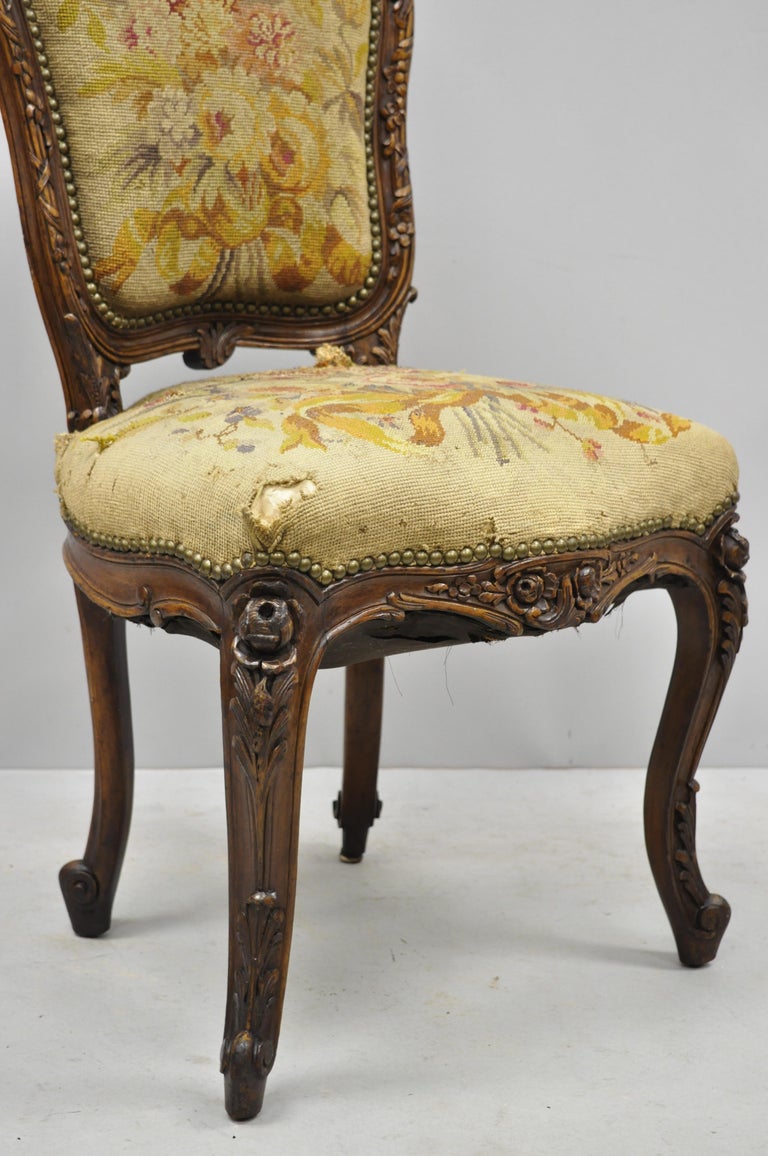 19th Century French Louis XV Style Carved Walnut Needlepoint Side Chair