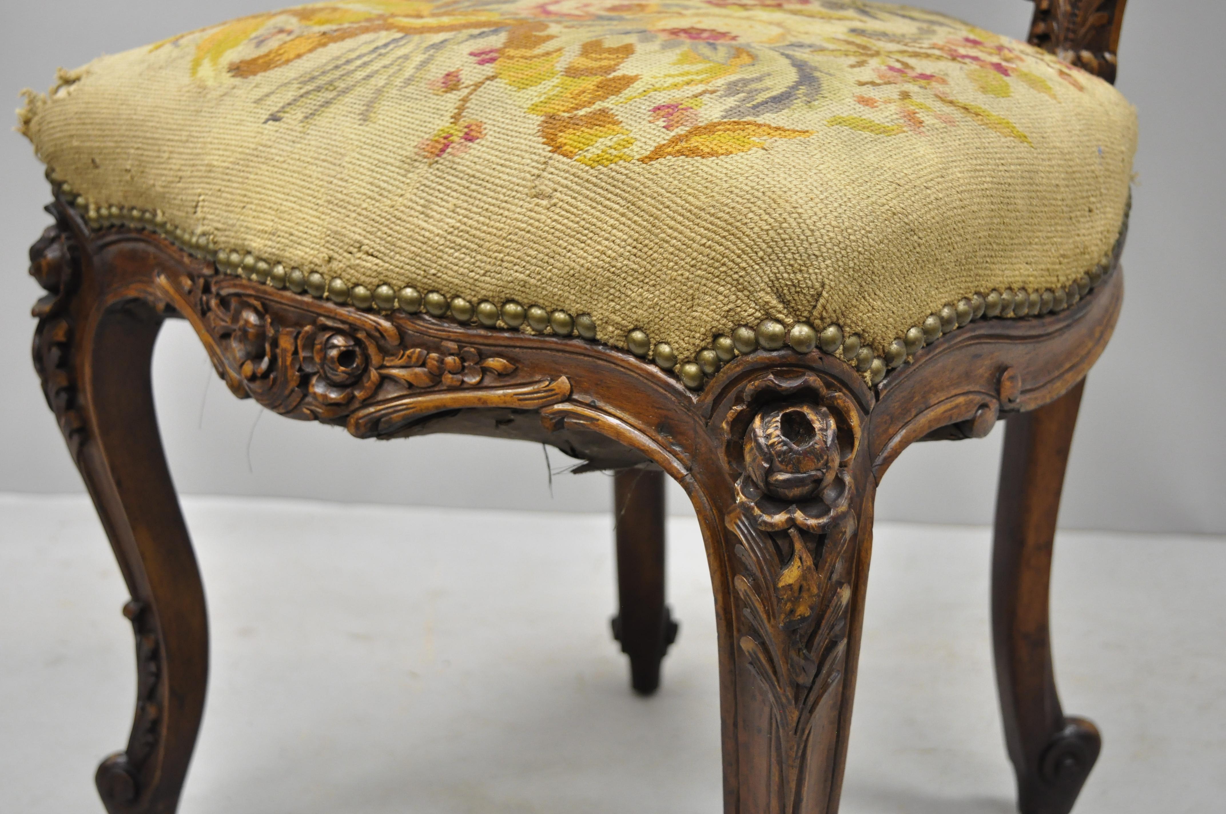 19th Century French Louis XV Style Carved Walnut Needlepoint Side Chair 5