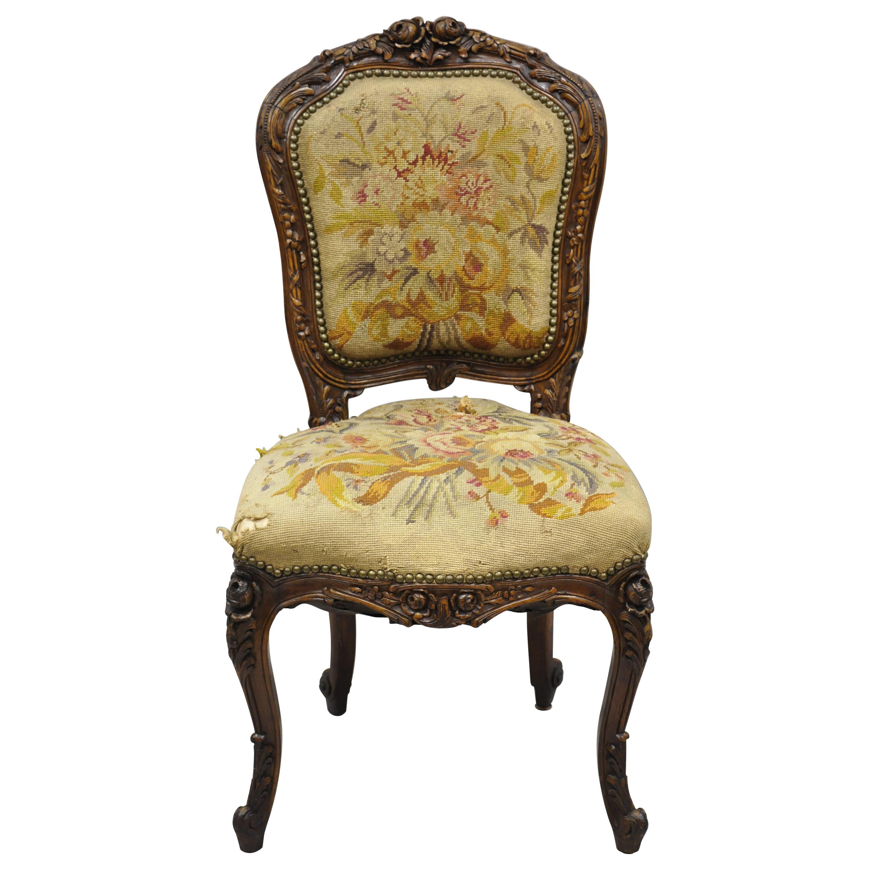 19th Century French Louis XV Style Carved Walnut Needlepoint Side Chair
