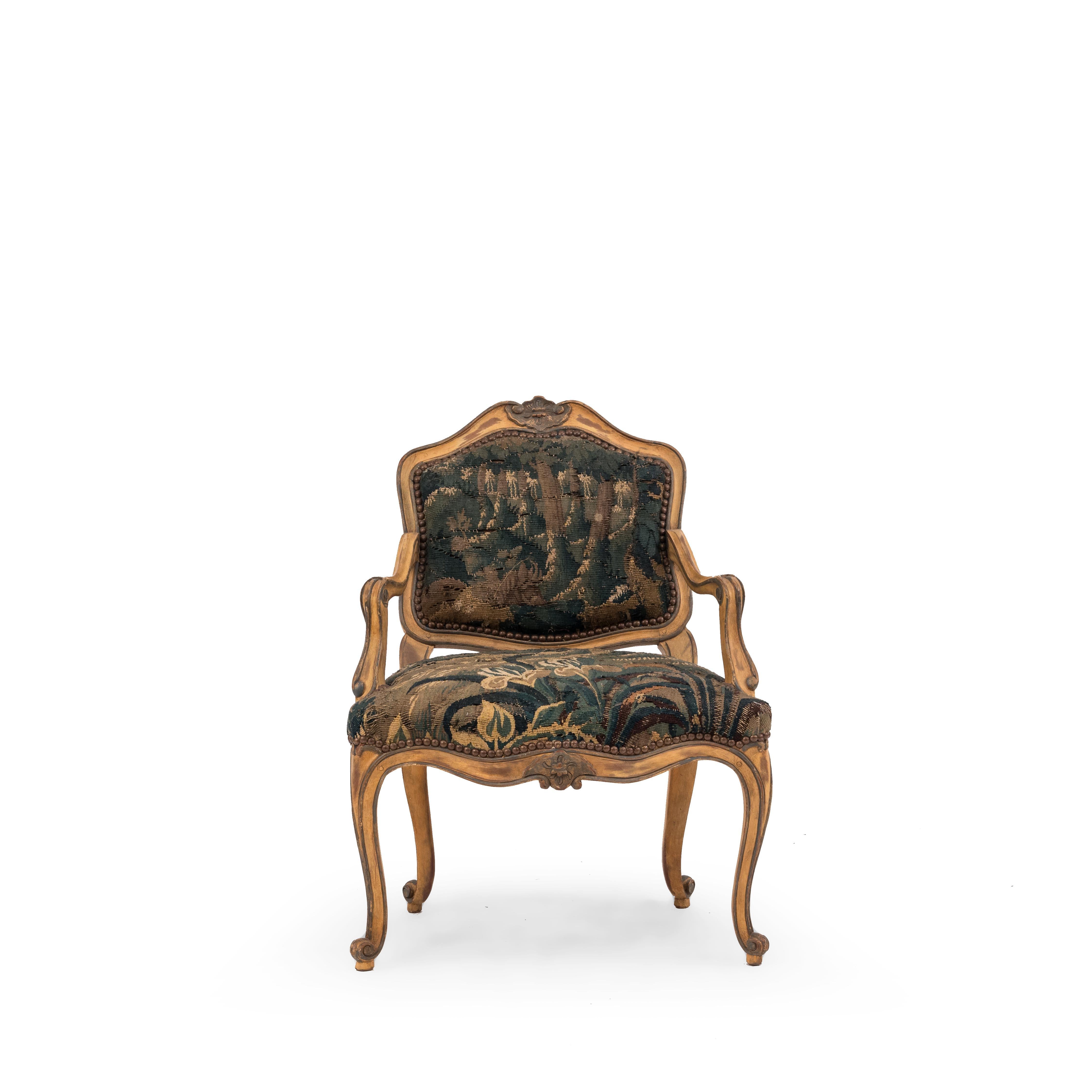 French Louis XV style (19th Cent) painted child's arm chair with tapestry upholstered seat and back.
