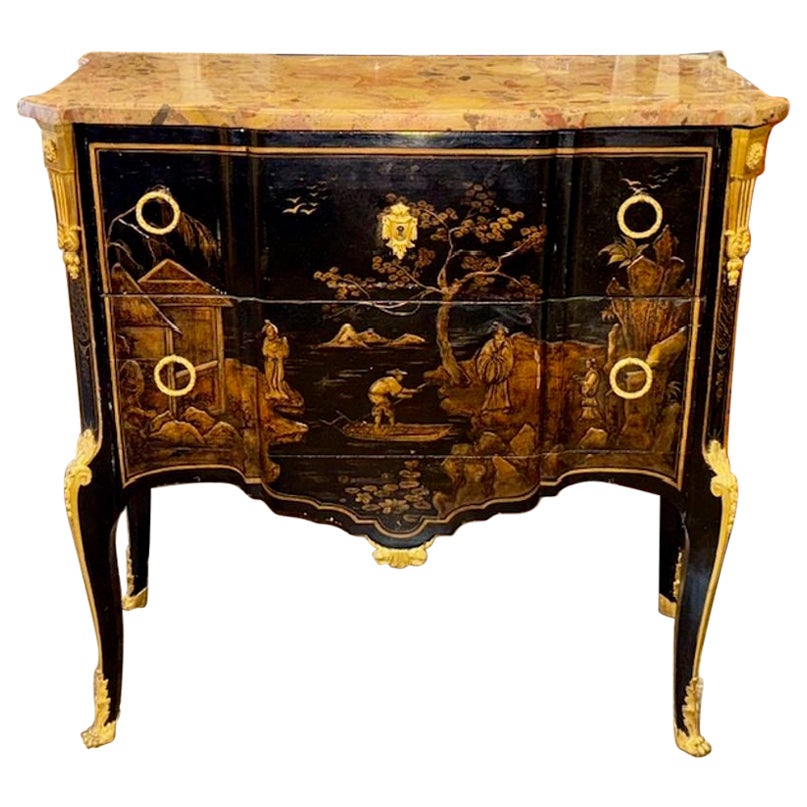 Coffre Chinoiserie français du 19ème siècle de style Louis XV avec dessus en marbre Breccia