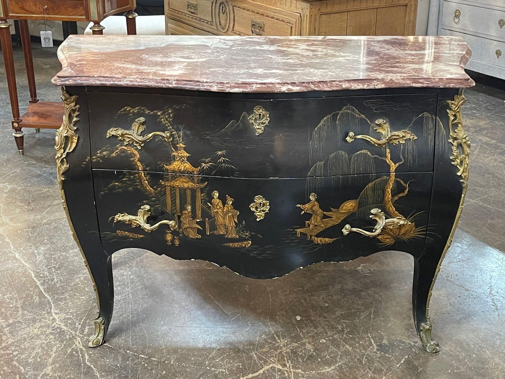Elegant 19th century French Louis XV style Chinoiserie commode with marble top. This piece has exceptional hand painted designs and lovely bronze mounts. A true work of art!