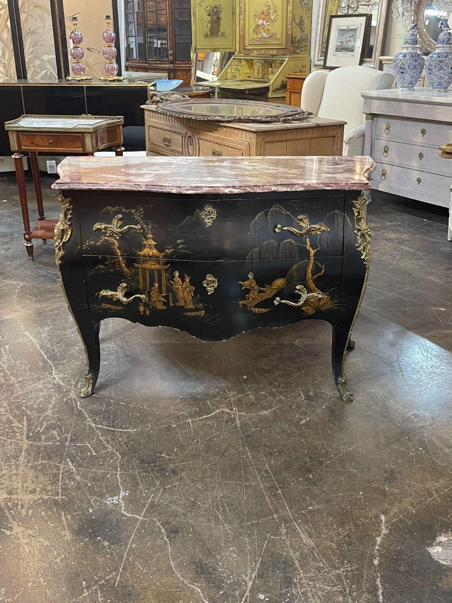 Hand-Painted 19th Century French Louis XV Style Chinoiserie Commode with Marble Top