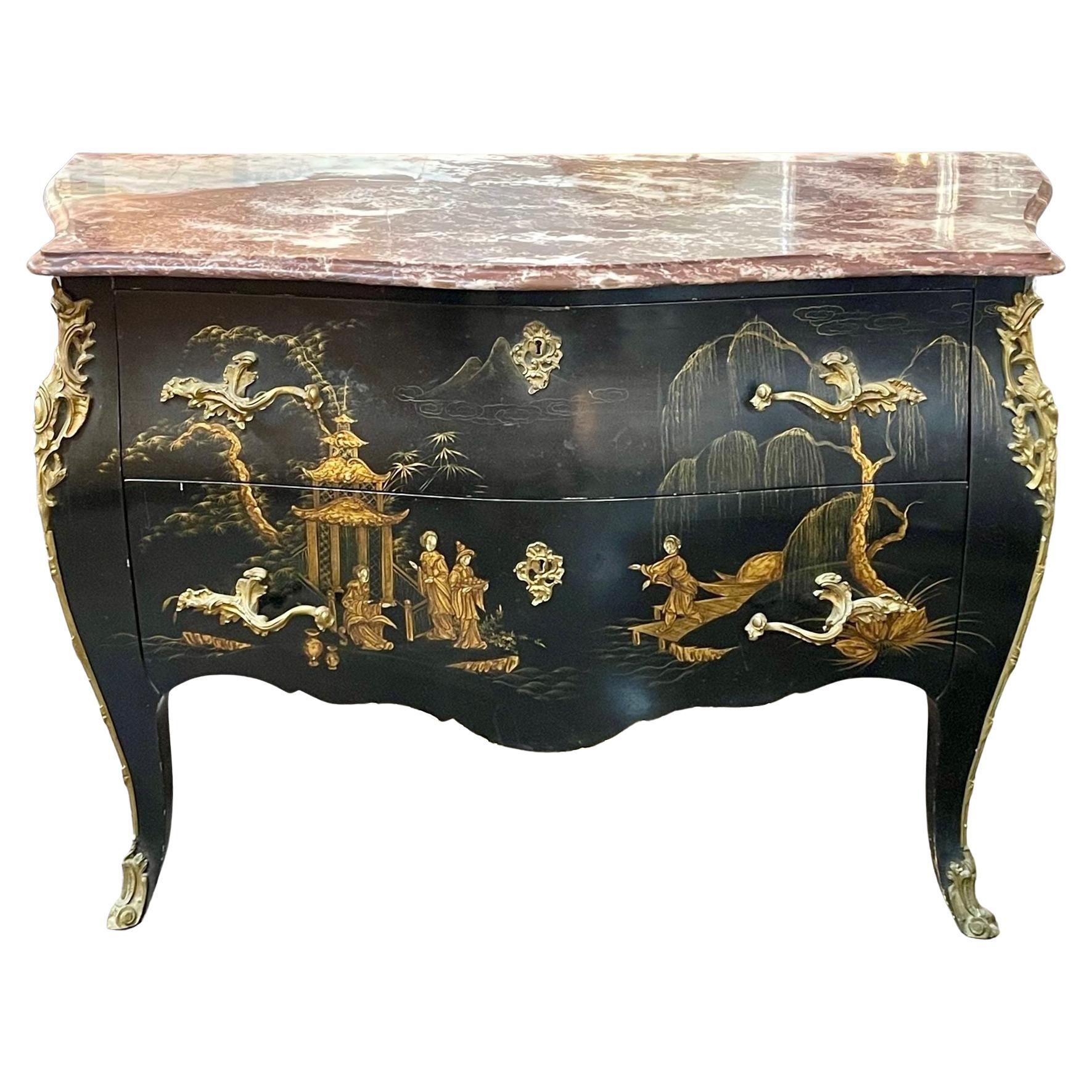 19th Century French Louis XV Style Chinoiserie Commode with Marble Top
