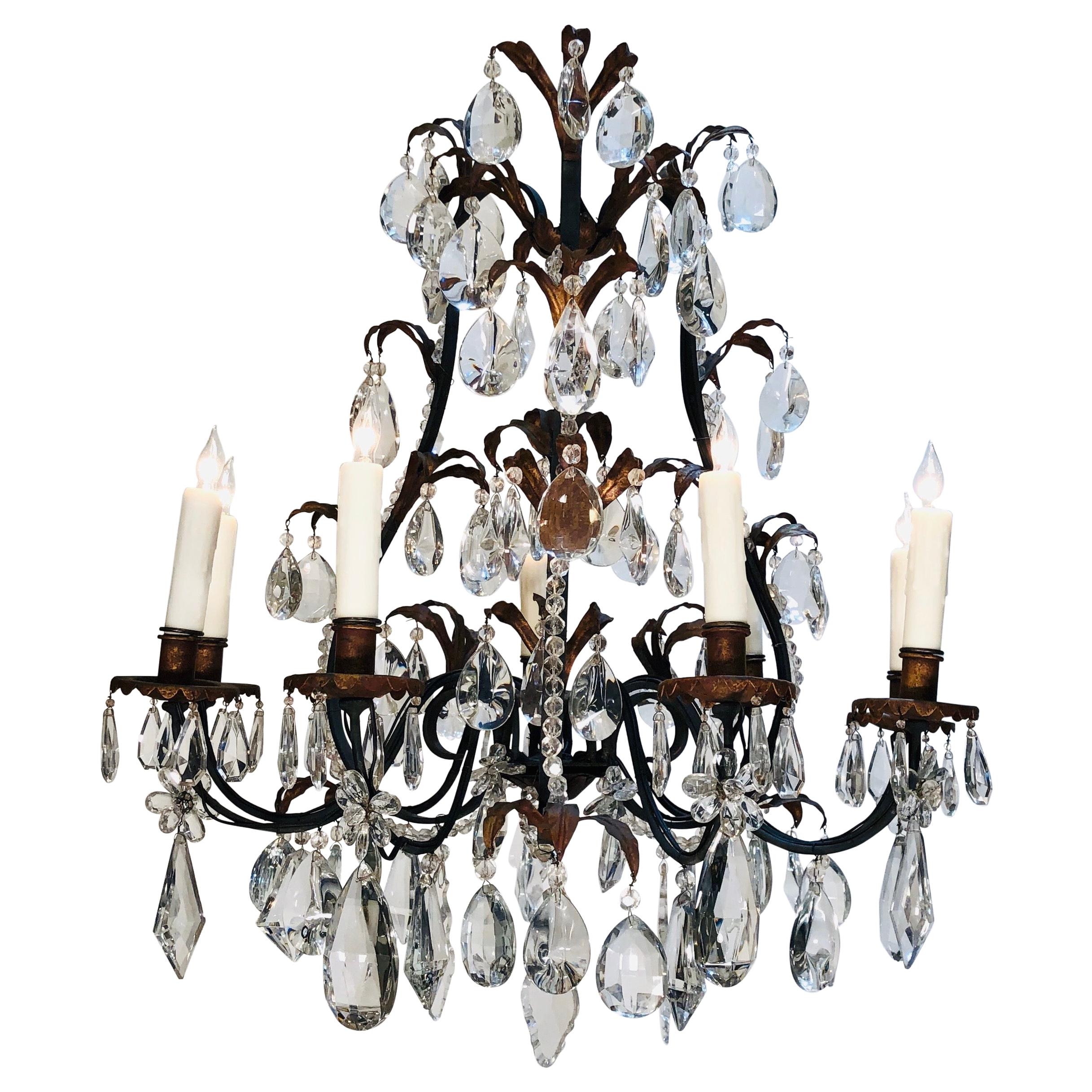 19th Century French Louis XV Style Chinoiserie Iron and Crystal Chandelier