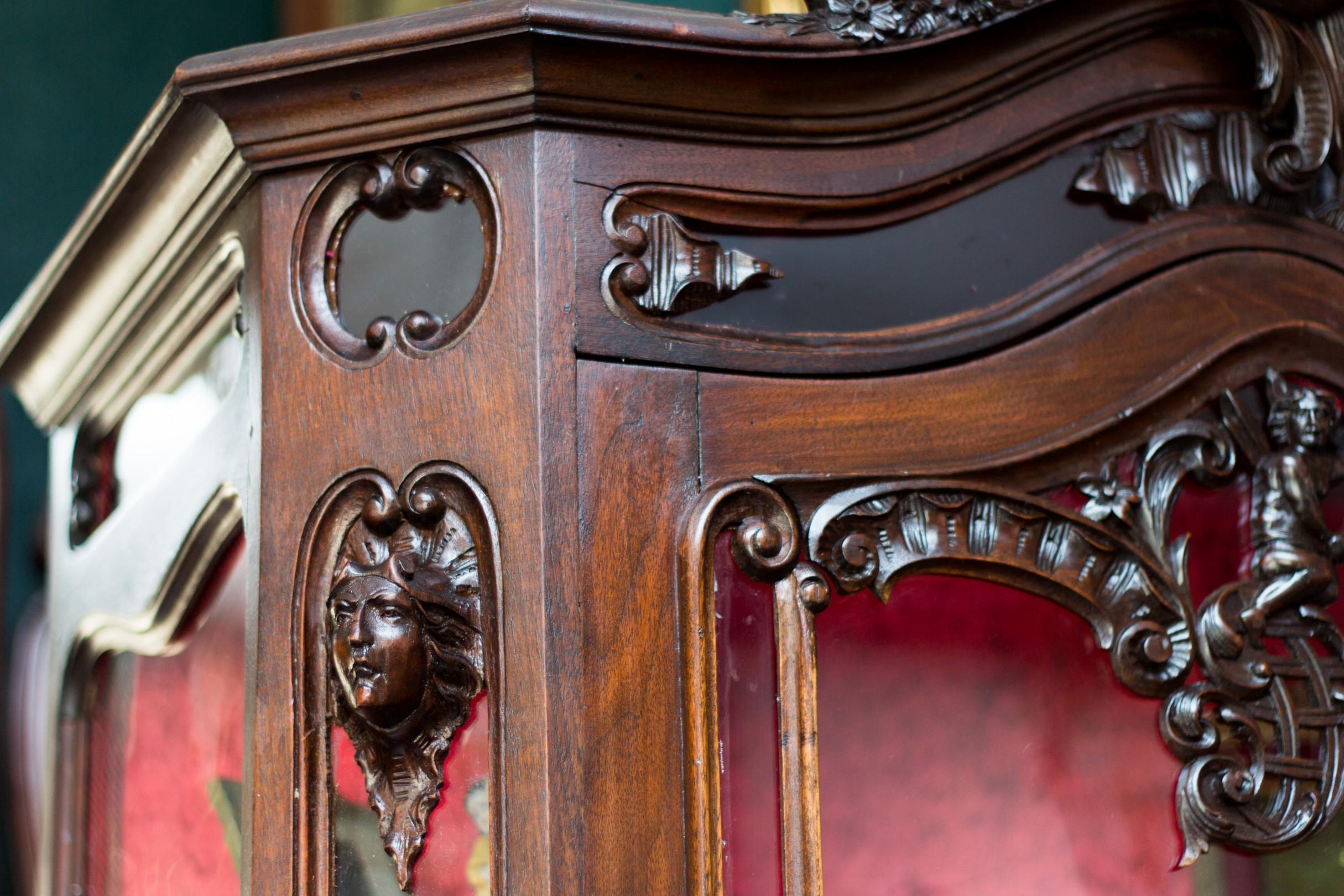 19th Century French Louis XV Style Walnut Figural Vitrine or Display Cabinet For Sale 11