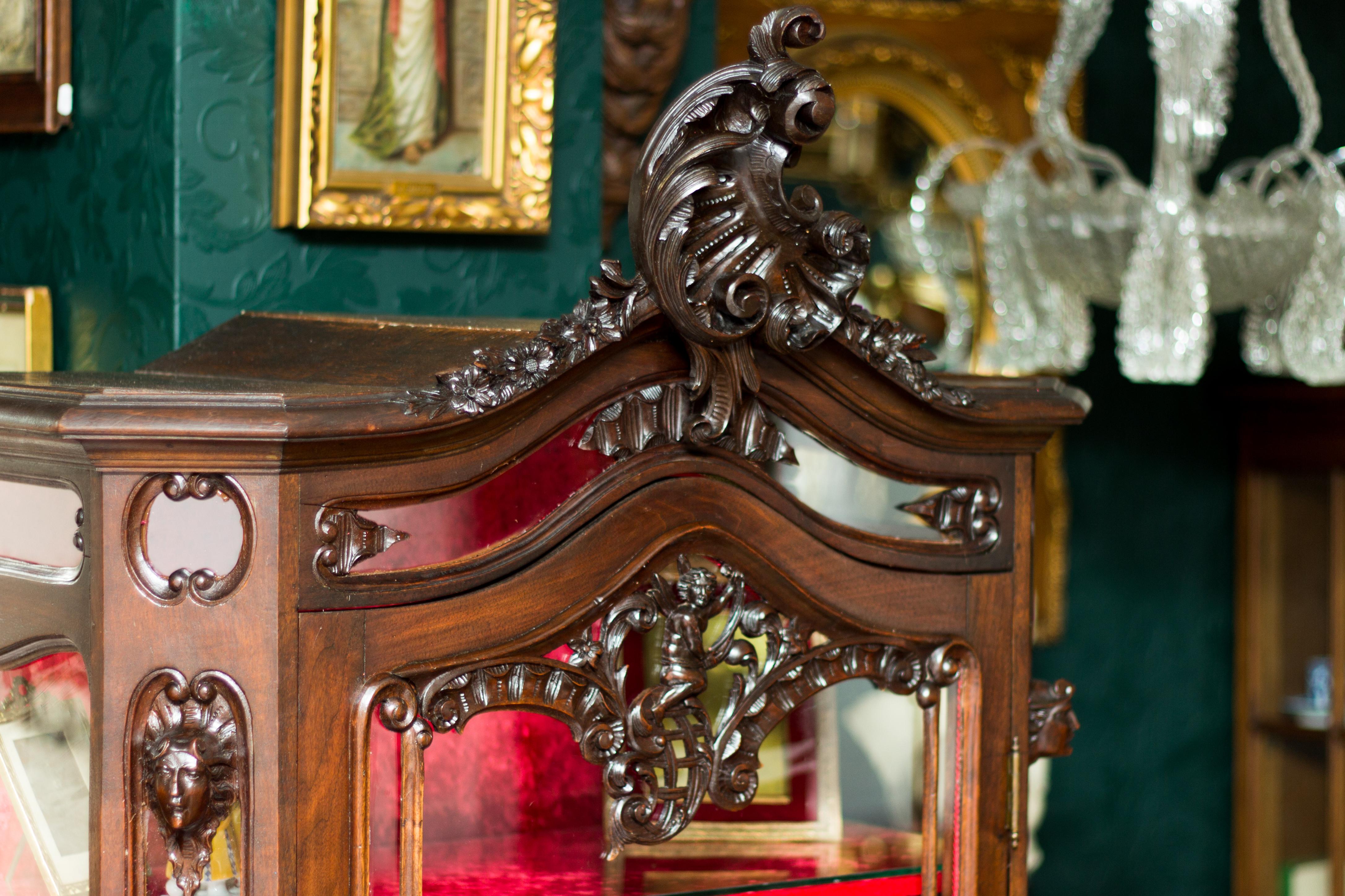 19th Century French Louis XV Style Walnut Figural Vitrine or Display Cabinet For Sale 12