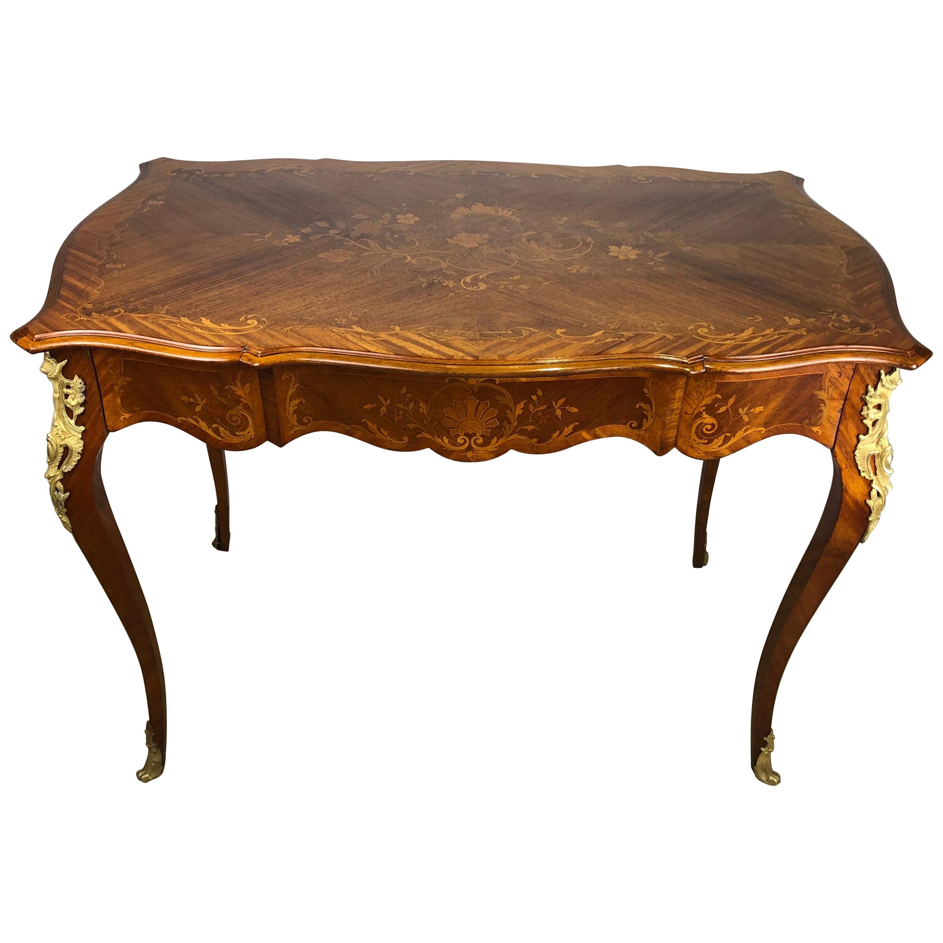 19th Century French Louis XV Style Floral Marquetry and Gilt Bronze Writing Desk For Sale