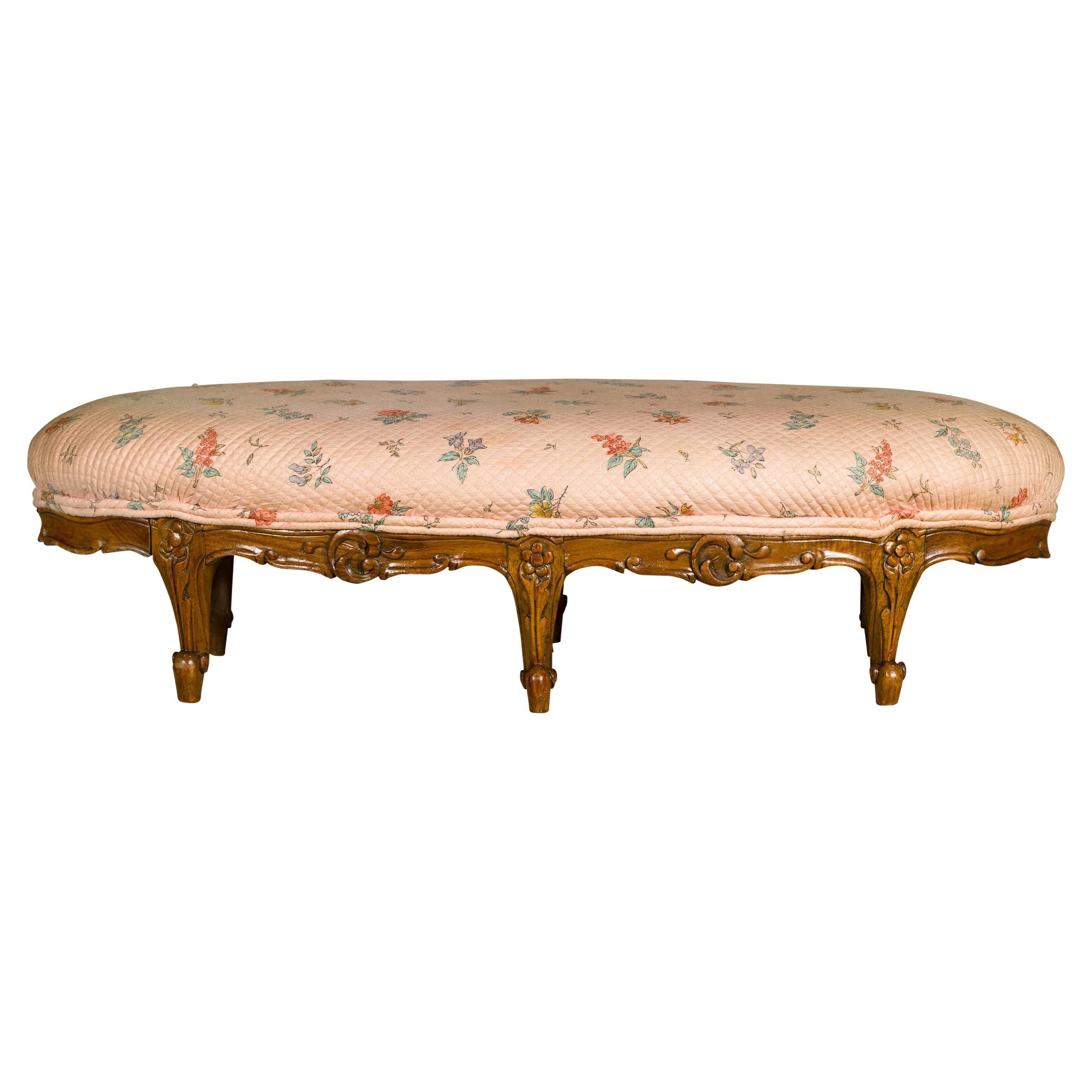 19th Century French Louis XV Style Footstool with Six Carved Cabriole Legs For Sale