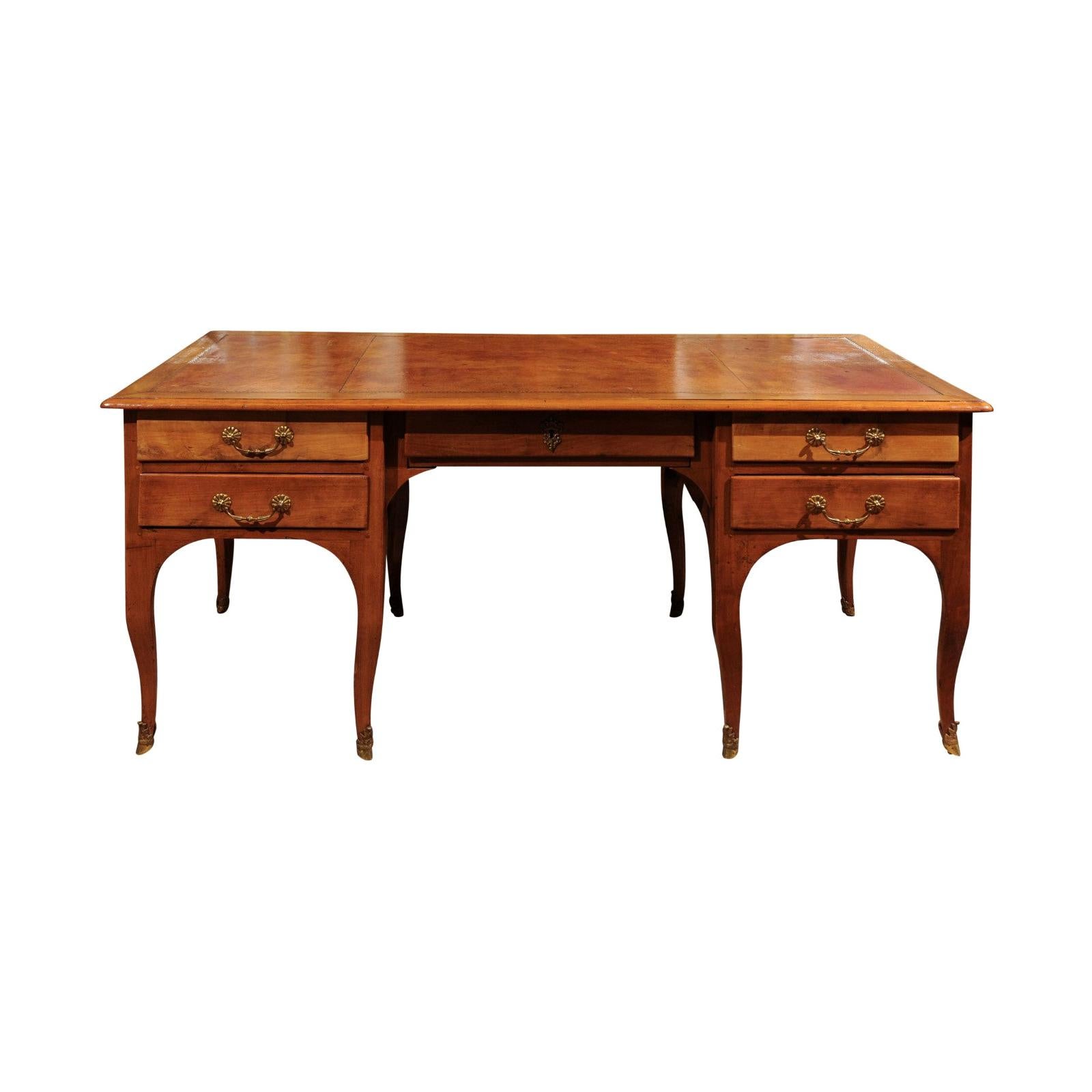 19th Century French Louis XV Style Fruitwood Partner's Desk with Leather Top