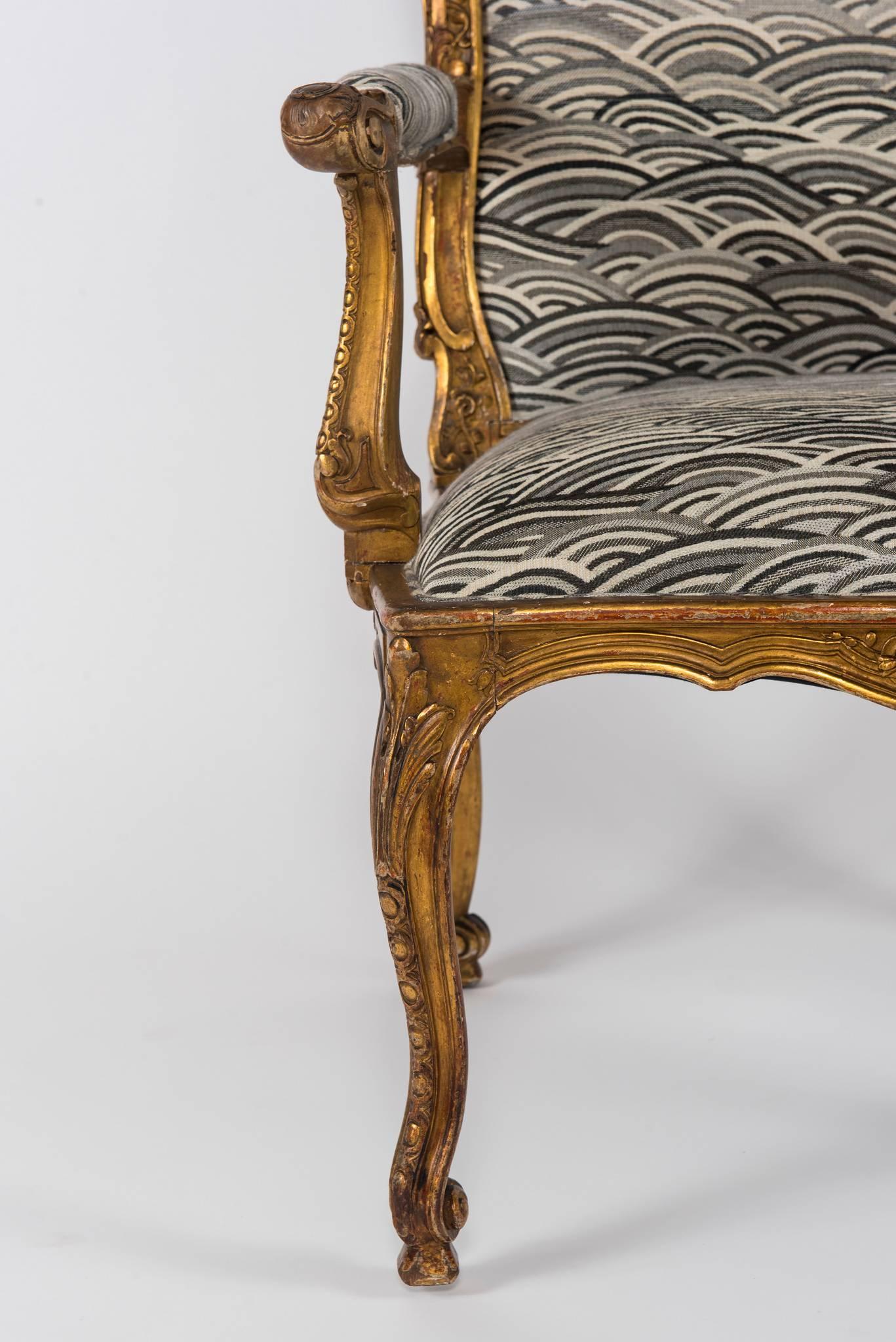 Mid-19th Century 19th Century French Louis XV Style Giltwood Fauteuil For Sale