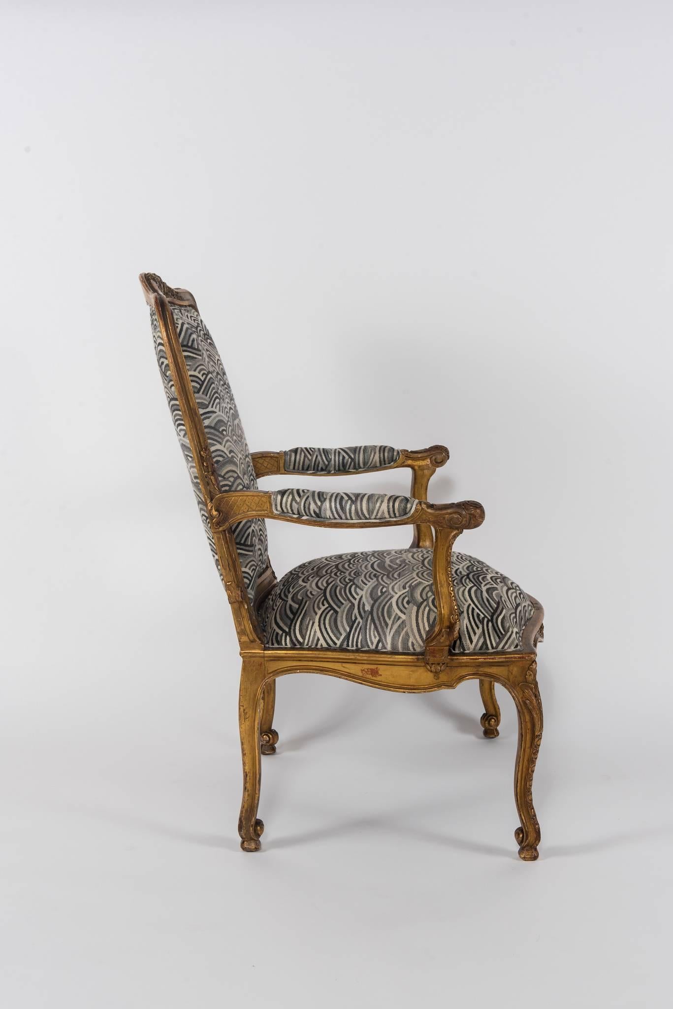 Wood 19th Century French Louis XV Style Giltwood Fauteuil For Sale