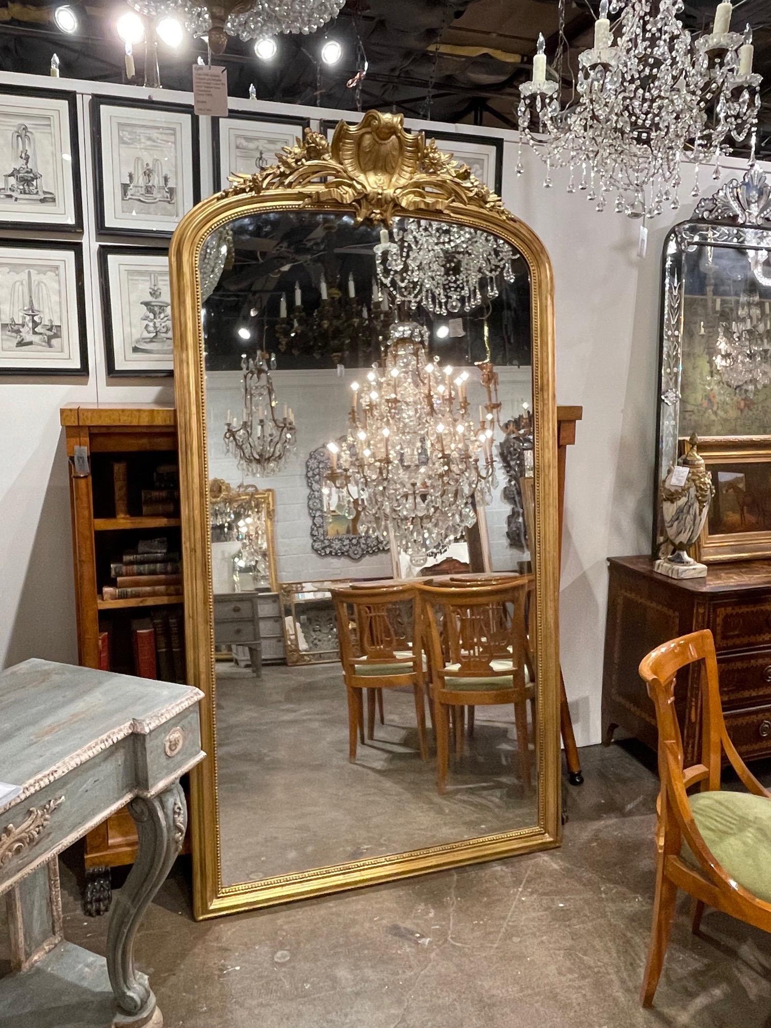 19th Century French Louis XV Style Giltwood Floor Mirror In Good Condition In Dallas, TX