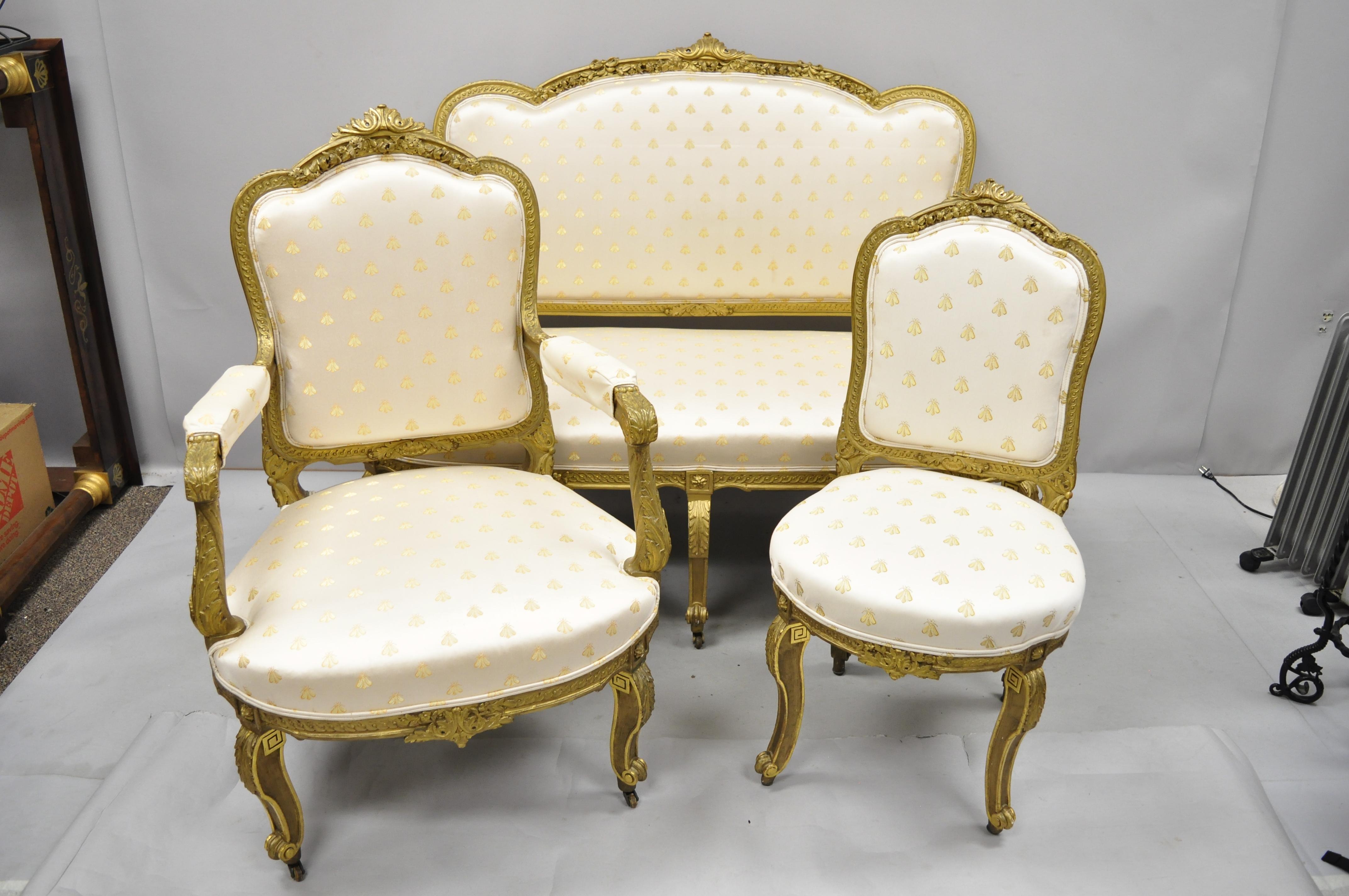 19th Century French Louis XV Style Gold Giltwood 3-Piece Parlor Salon Suite For Sale 5