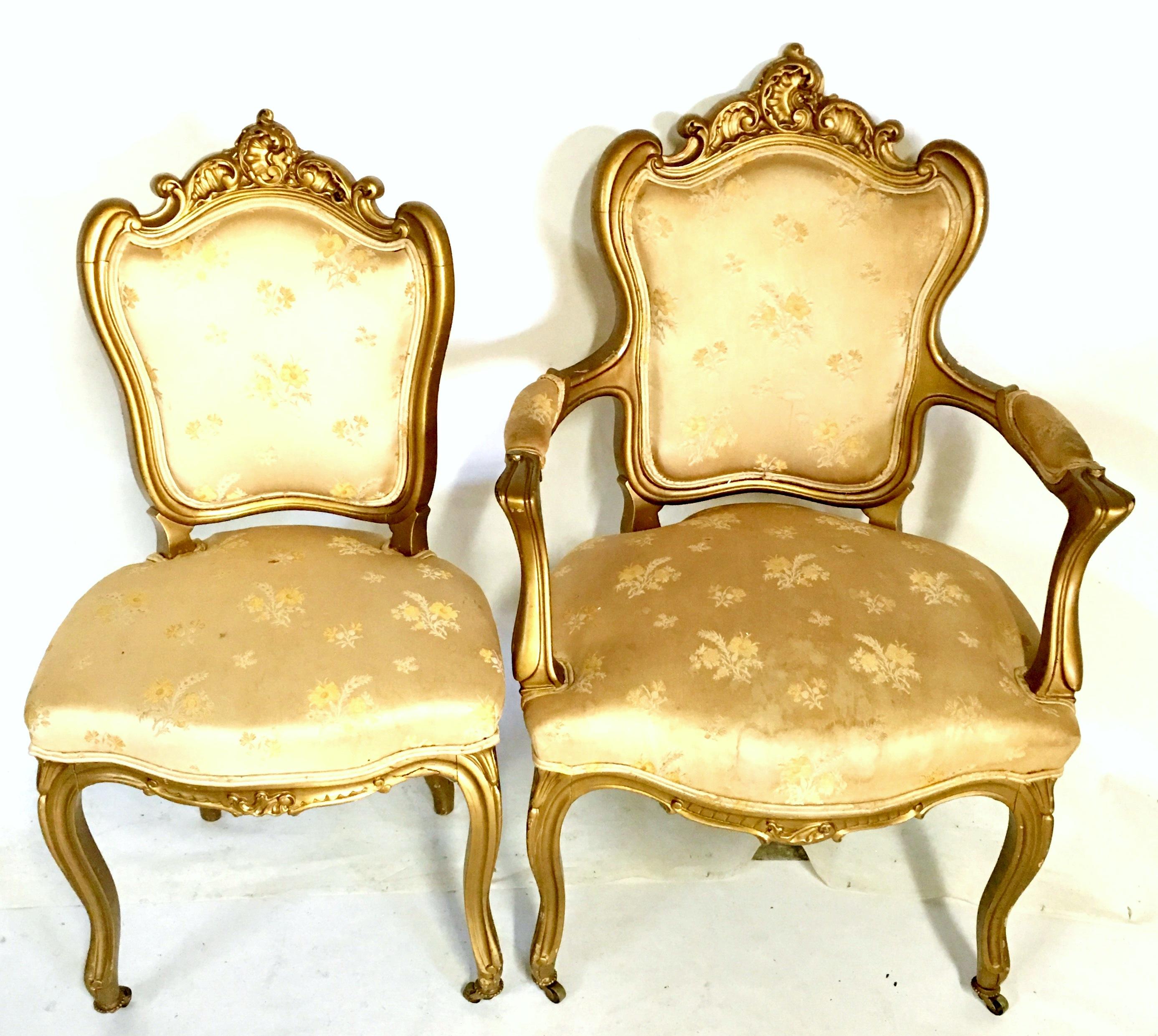 19th Century French Louis XV Style Gold Gilt Wood Three-Piece Rolling Parlor Set For Sale 1