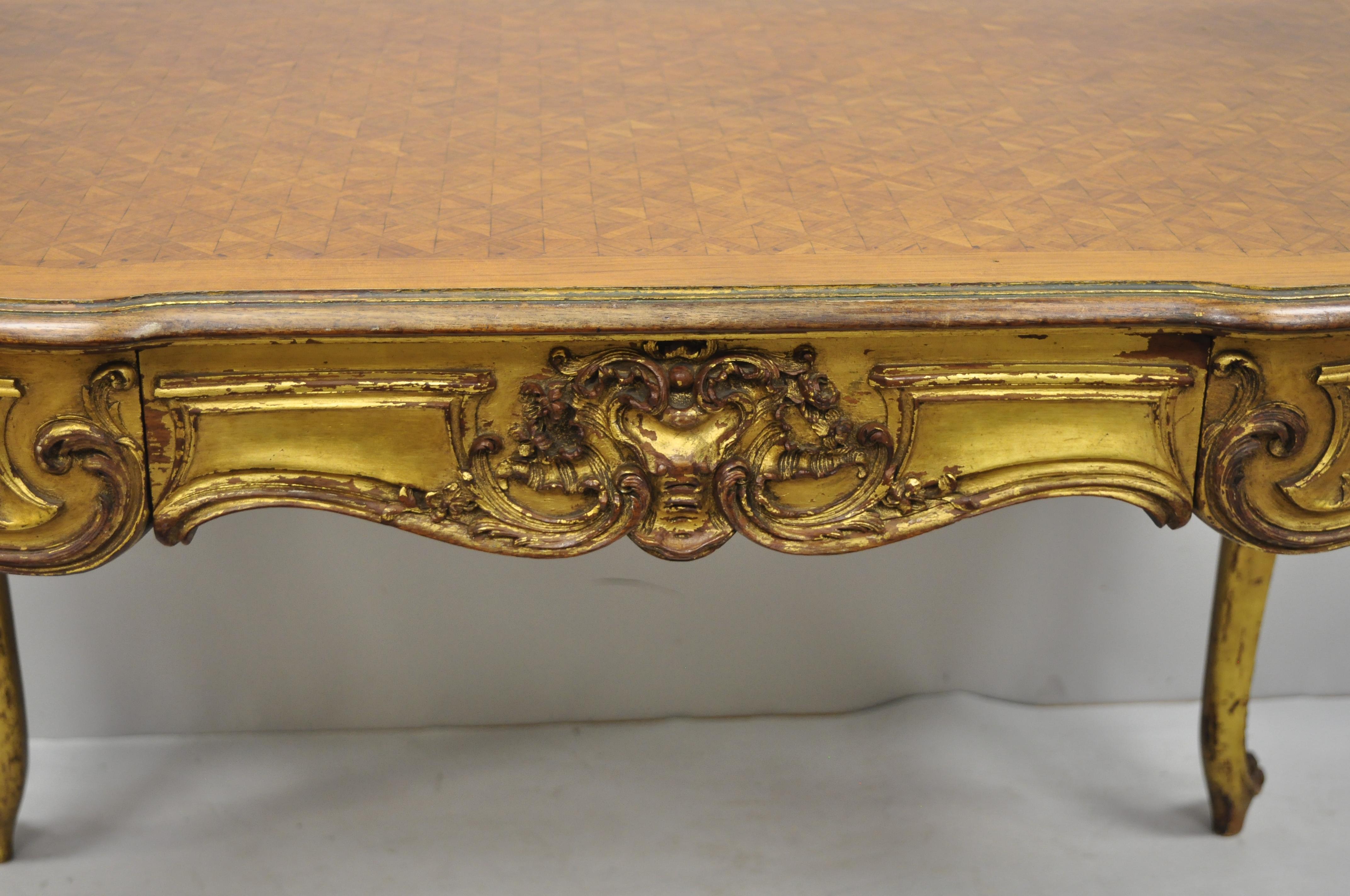 French Louis XV Style Gold Gilt Writing Desk with Marquetry Inlaid Top For Sale 2