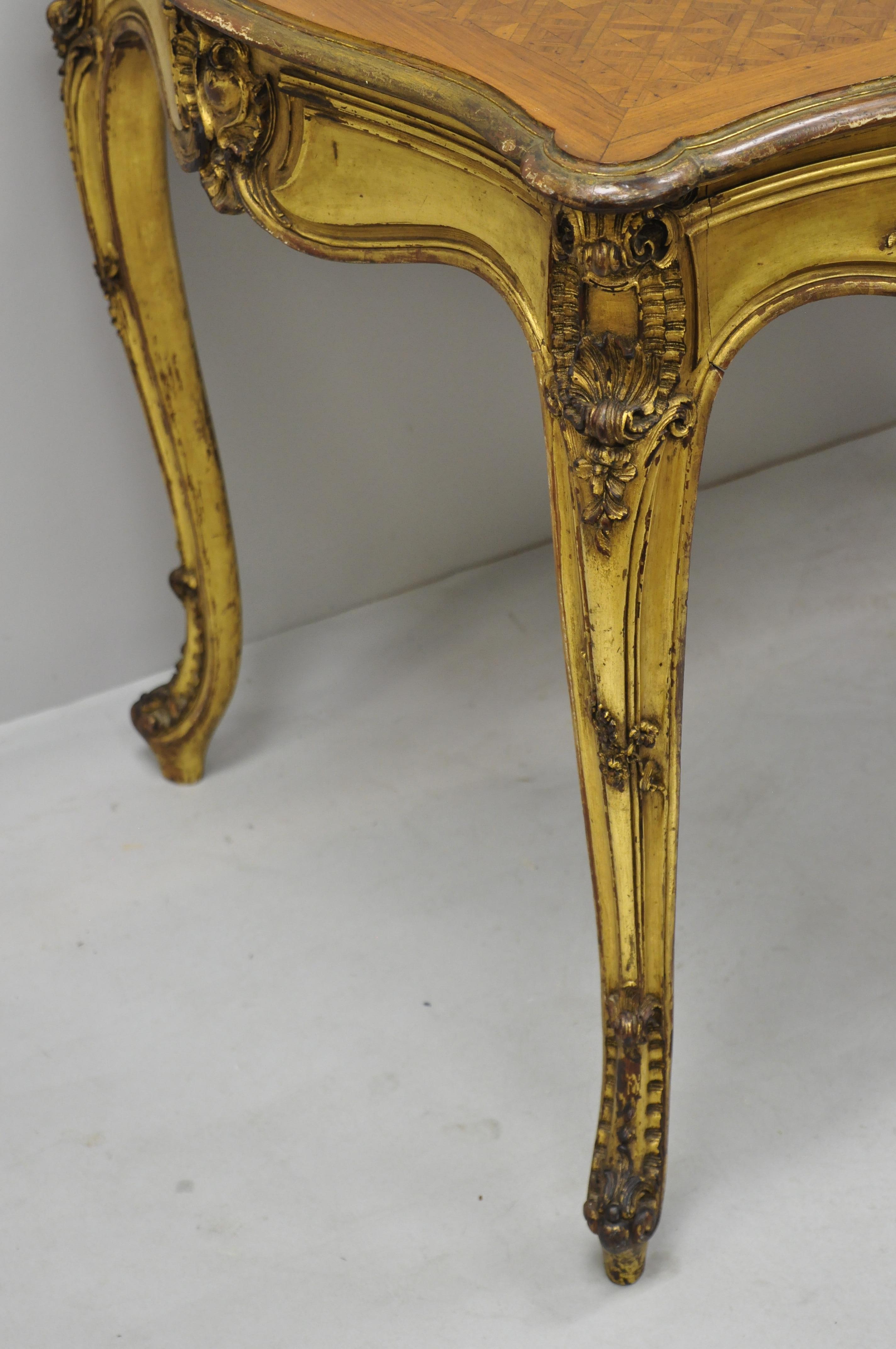 French Louis XV Style Gold Gilt Writing Desk with Marquetry Inlaid Top For Sale 3