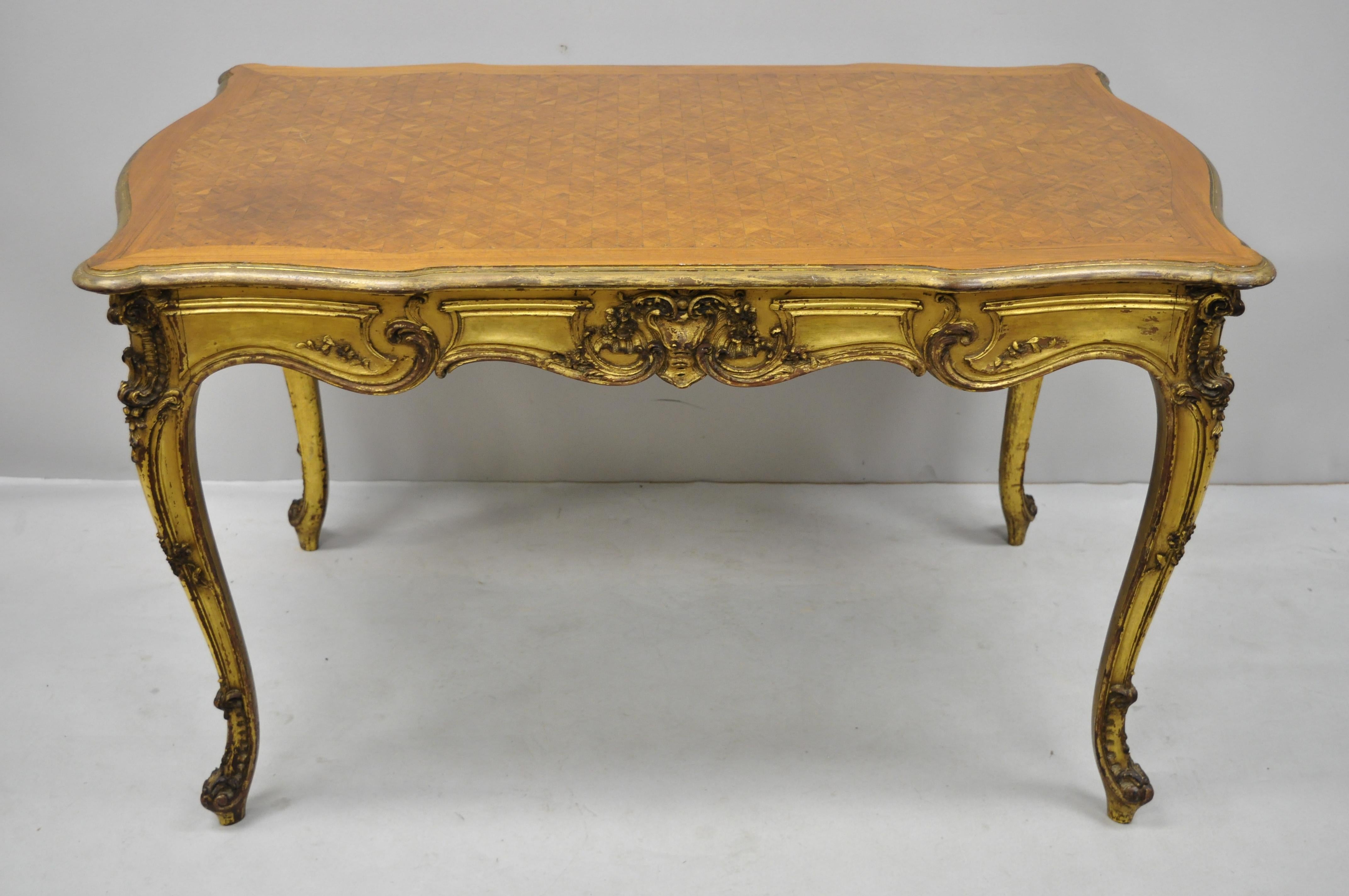 French Louis XV Style Gold Gilt Writing Desk with Marquetry Inlaid Top For Sale 4