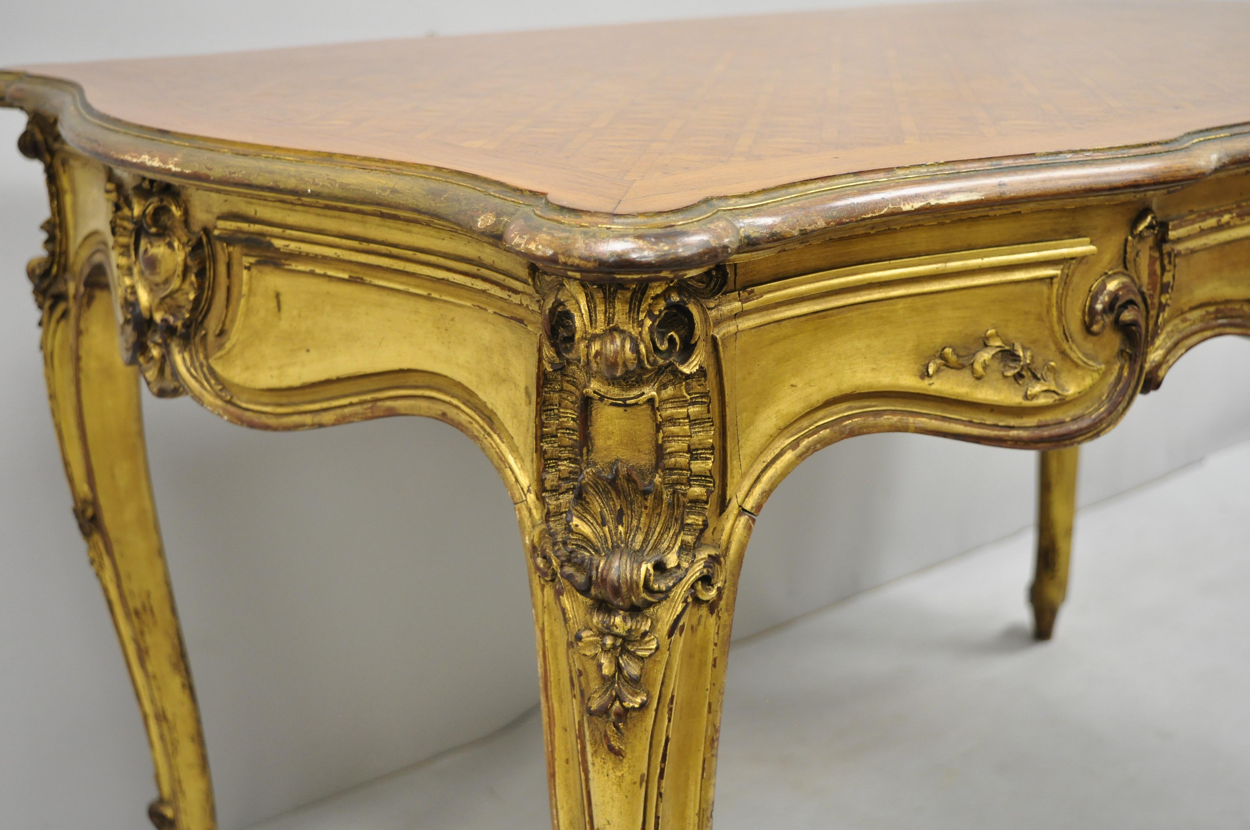 19th Century French Louis XV Style Gold Gilt Writing Desk with Marquetry Inlaid Top For Sale