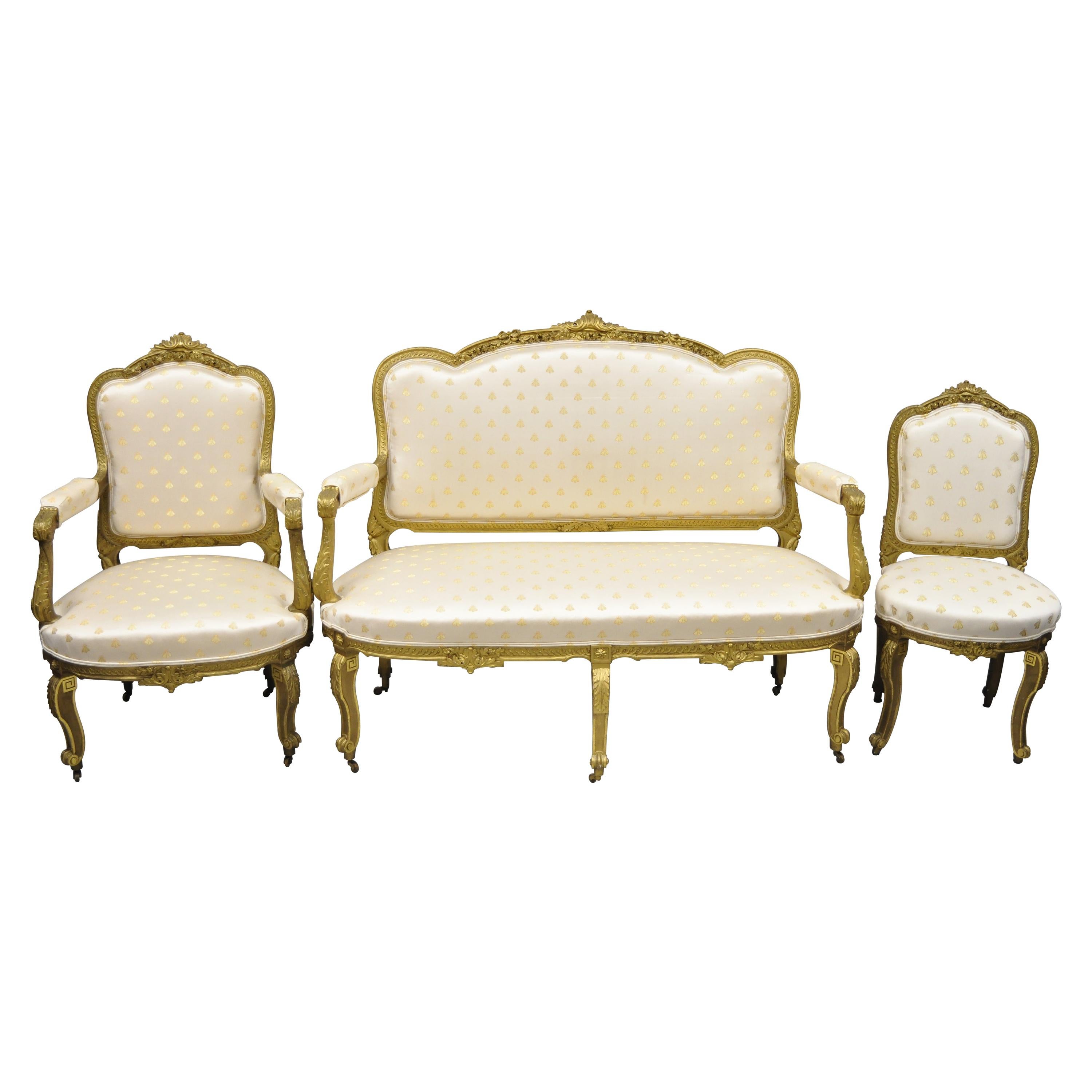 19th Century French Louis XV Style Gold Giltwood 3-Piece Parlor Salon Suite For Sale