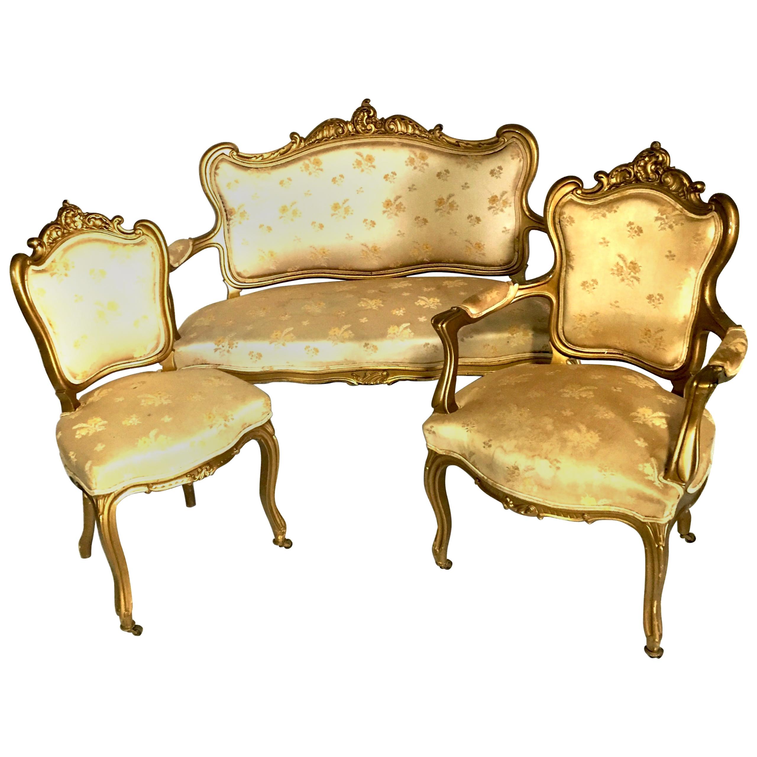 19th Century French Louis XV Style Gold Giltwood Three-Piece Rolling Parlor Set For Sale