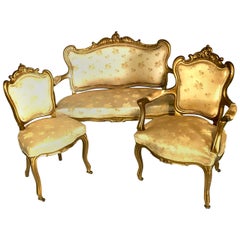 Antique 19th Century French Louis XV Style Gold Giltwood Three-Piece Rolling Parlor Set