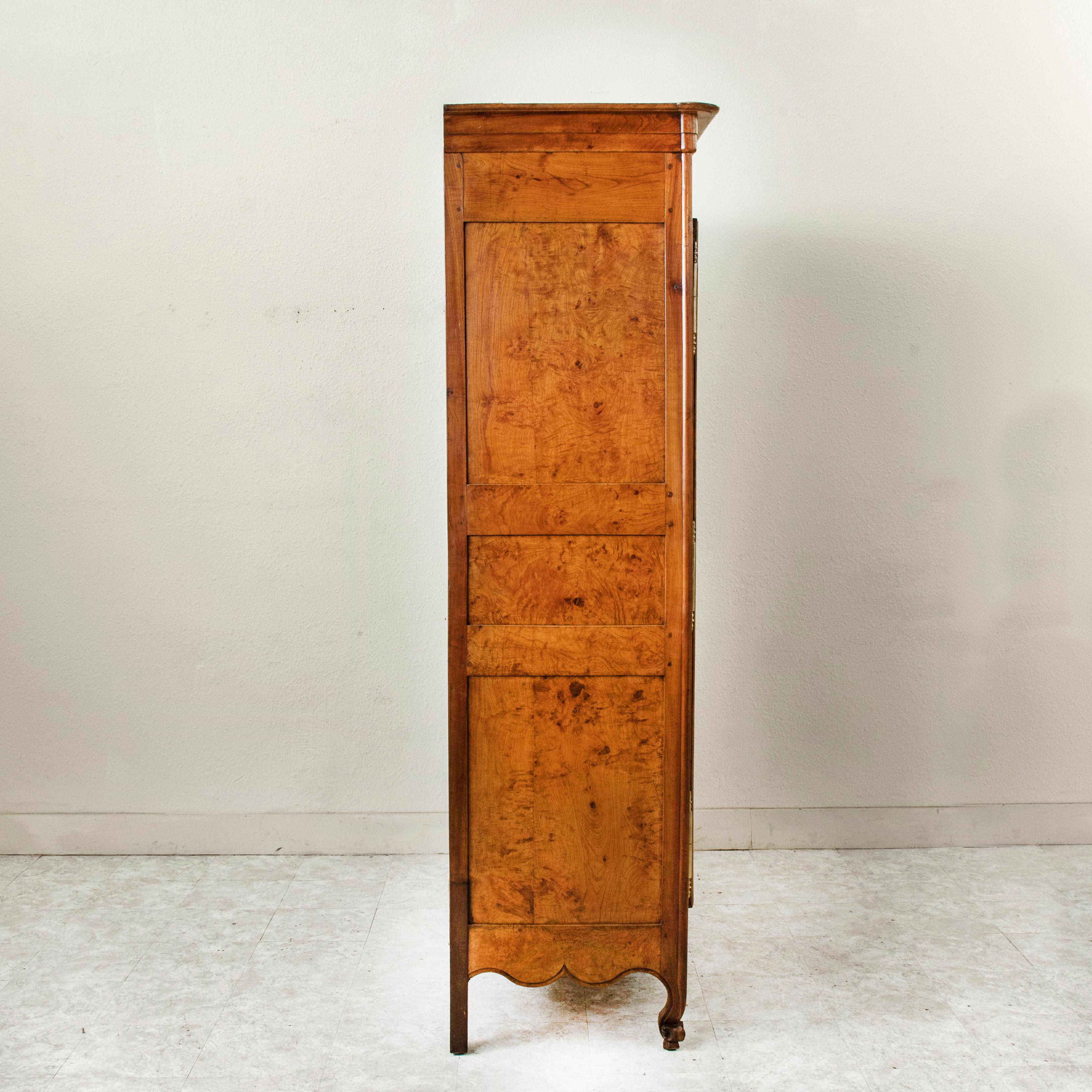 Brass 19th Century French Louis XV Style Hand Carved Burl Elm Armoire or Wardrobe For Sale