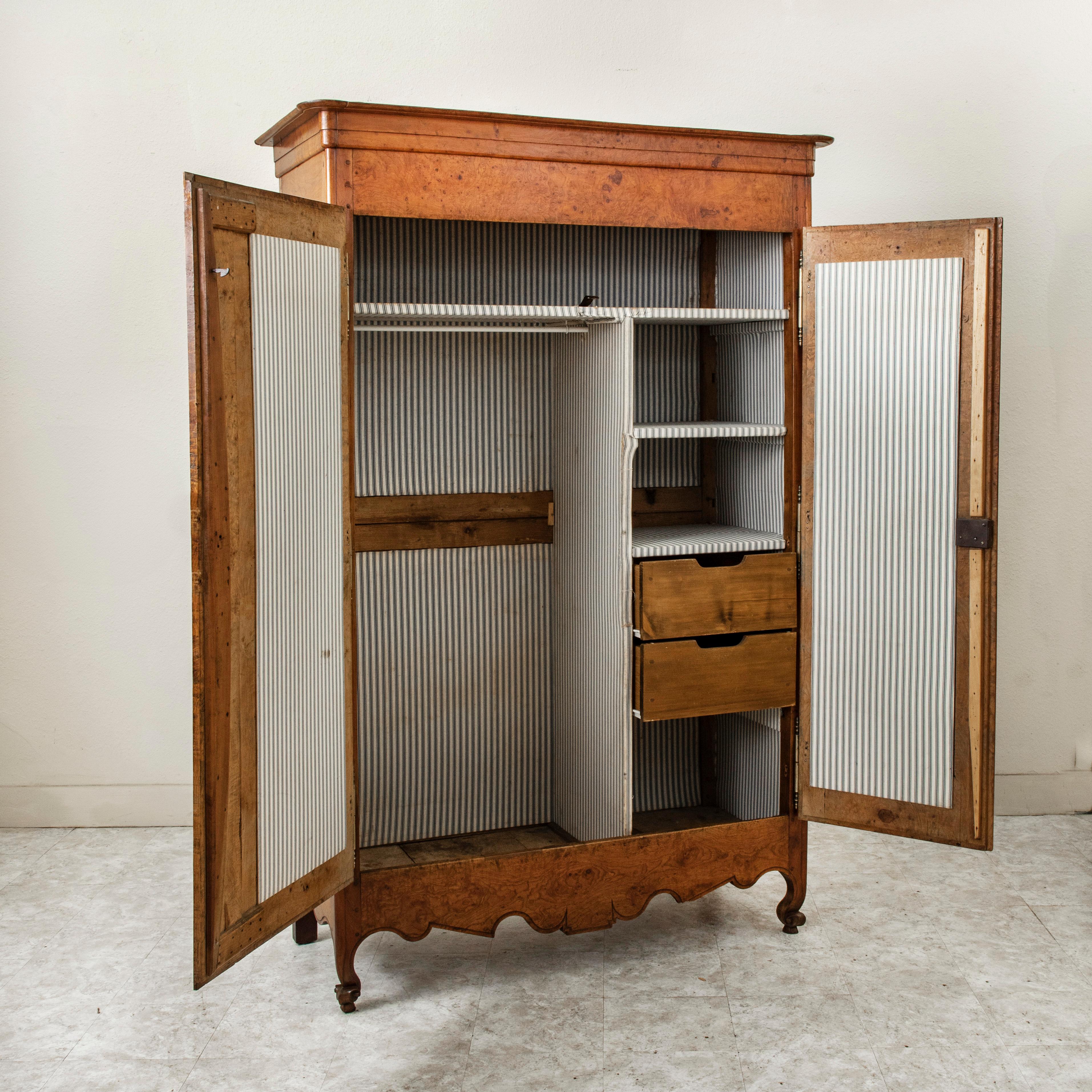 19th Century French Louis XV Style Hand Carved Burl Elm Armoire or Wardrobe For Sale 1